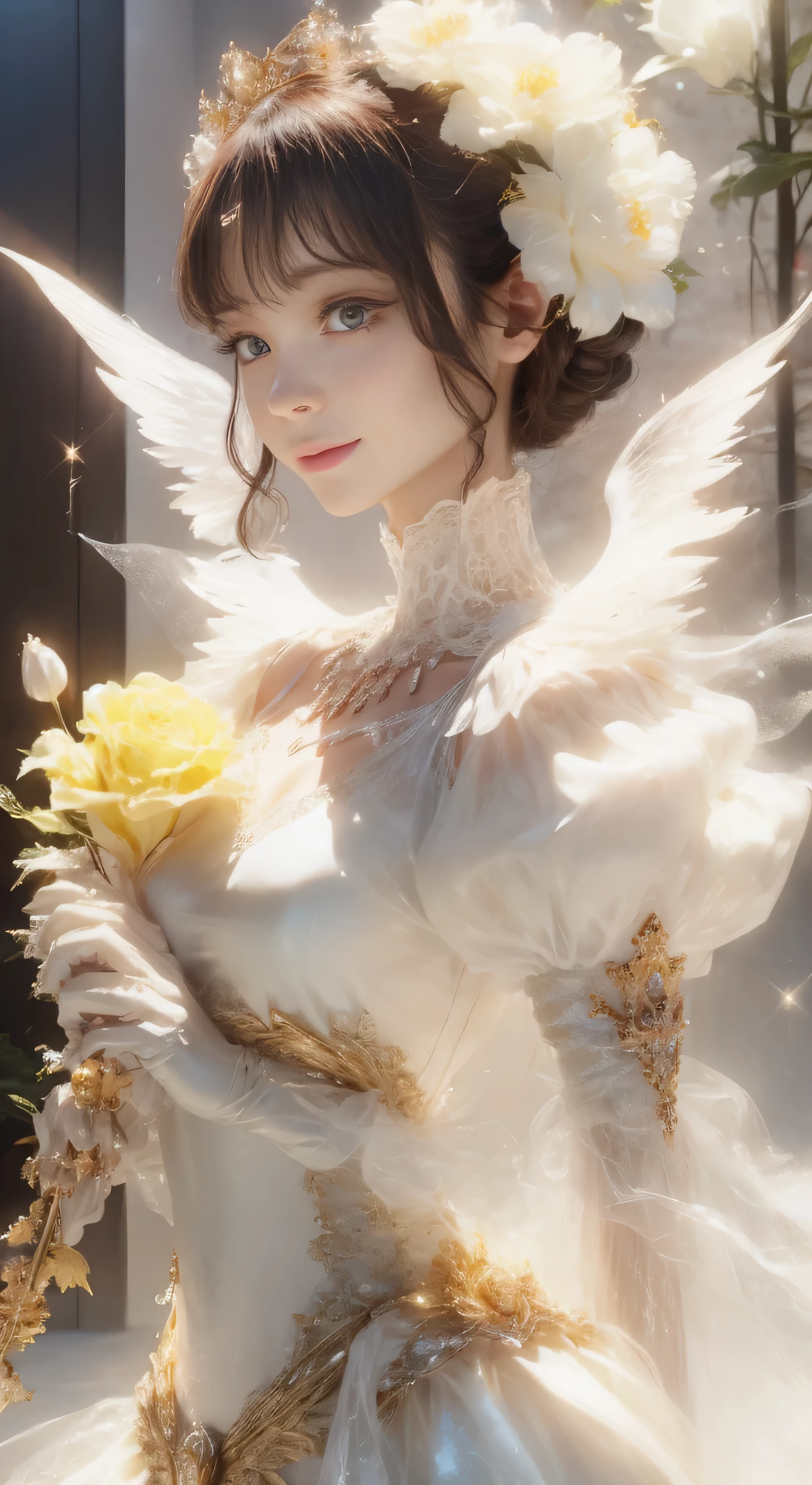 castle in the distance、face is in front、look at the camera、profile、8K、real photos、ultra high resolution, master parts, highest quality, ticker , cinematic images,nice girl、Ann、16 only、Annグロサクソン、double eyelid、droopy eyes、very big eyes、eyes are purple、dark eye shadow、lips are very thin、The tip of your nose grows beautifully.......................................................、small nose,,,,, very detailed , silver hair、straight short hair、smile、 sweet expression 、）、very clear shadows , jewelry , fine eyes, extremely difficult, shiny skin , パーフェクトブリリAnnト, perfect sentence, dramatic shadow、white tiara on head、Gold necklace around the neck、White aristocratic dress with gold embroidery、glass high heels、angel wings