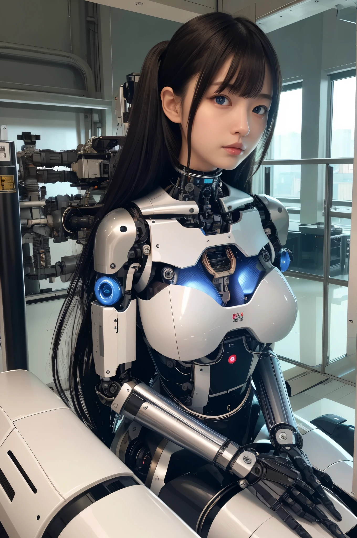masterpiece, best quality, extremely detailed, Japaese android girl,Plump , hug,control panels,android,Droid,Mechanical Hand, Robot arms and legs, Black hair,Blunt bangs,perfect robot girl,long tube,thick cable connected her neck,android,robot,humanoid,cyborg,japanese cyborg girl ,robot-assembly plant,She is assembled now,assembly scene,chest monitor,blue eyes,breast cover
