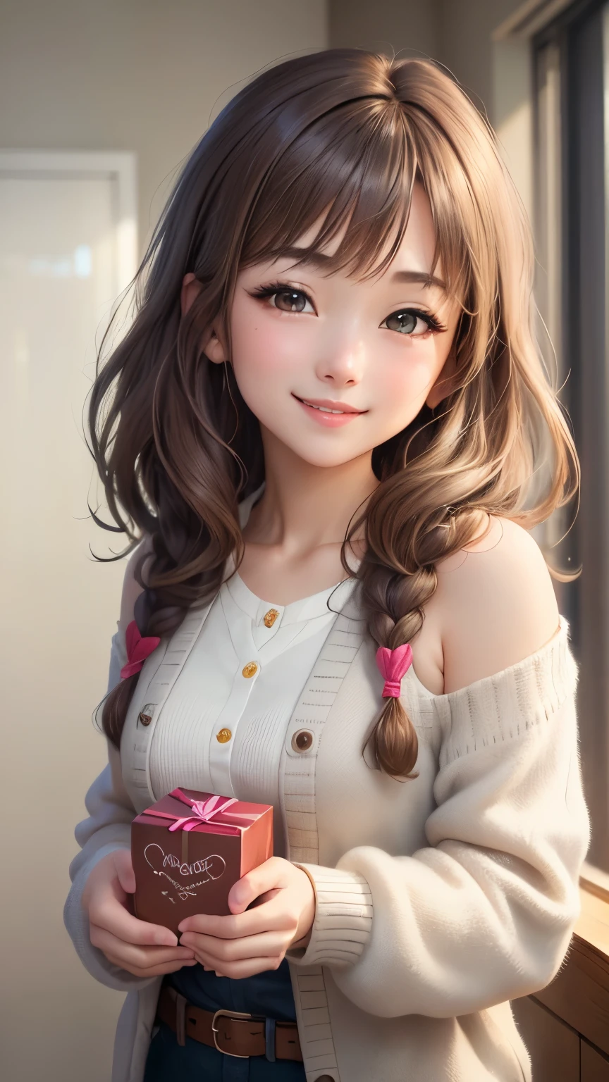 (Highly detailed CG Unity 8K wallpaper、masterpiece、highest quality、super detailed)、(very delicate and beautiful)、(dynamic angle、Portrait)、adult woman、(brown hair)、(Away from the shoulders)、beautiful face、white skin、Depth of bounds written、shining lips、Bright colors。embarrassing、shortcut、straight hair、cardigan、(laughter)、(kind eyes)、happiness、(gray eyes)、Dazzling smile、(oversize)、bright background、valentine chocolate gifts