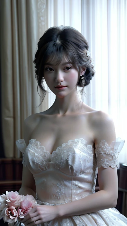 1 girl, looking at the viewer,
Upper body, 3D, realistic,
big breasts, overly ruffled princess dress, drape clothing, jewelry, ornament, flower, lace trim,
masterpiece, highest quality, 8K, fine skin texture, fine cloth texture, beautiful detailed face, intricate details, Super detailed,
rim lighting, side lighting, cinematic light, ultra high resolution, 8K uhd, film grain,best shadow, delicate, born