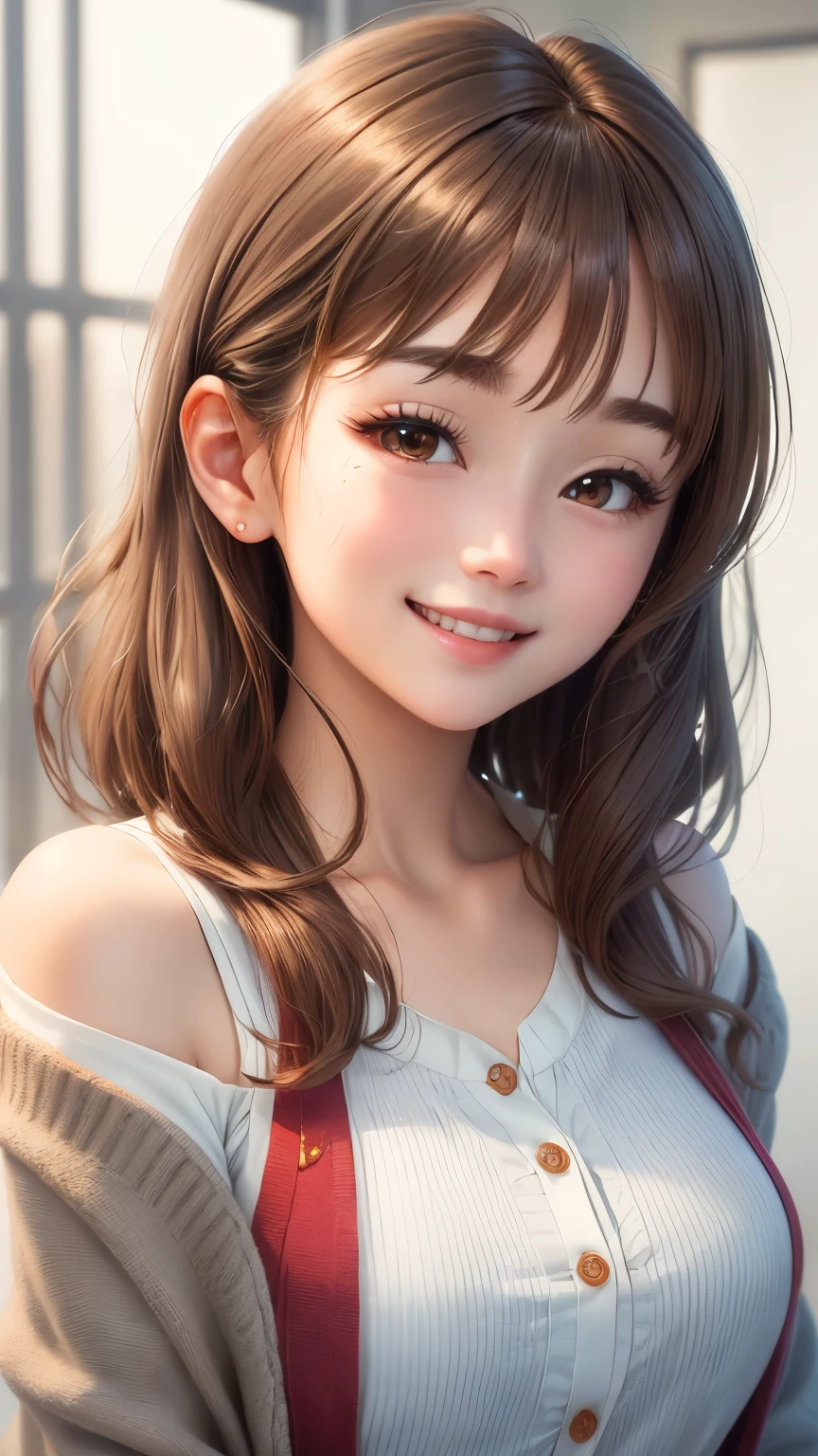(Highly detailed CG Unity 8K wallpaper、masterpiece、highest quality、super detailed)、(very delicate and beautiful)、(dynamic angle、Portrait)、adult woman、(brown hair)、(Away from the shoulders)、beautiful face、white skin、Depth of bounds written、shining lips、Bright colors。embarrassing、shortcut、straight hair、cardigan、(laughter)、(kind eyes)、happiness、(gray eyes)、Dazzling smile、(oversize)、bright background、valentine chocolate gifts