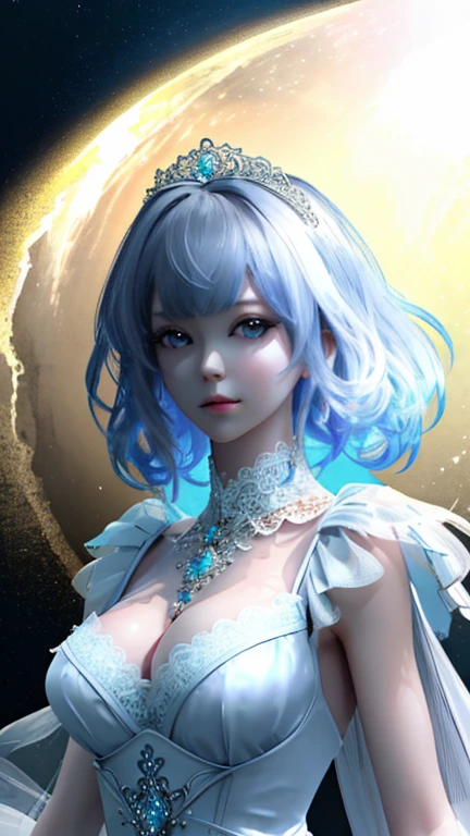 1 girl, looking at the viewer,
Upper body, 3D, realistic,
big breasts, overly ruffled princess dress, drape clothing, jewelry, ornament, flower, lace trim,
masterpiece, highest quality, 8K, fine skin texture, fine cloth texture, beautiful detailed face, intricate details, Super detailed,
rim lighting, side lighting, cinematic light, ultra high resolution, 8K uhd, film grain,best shadow, delicate, born