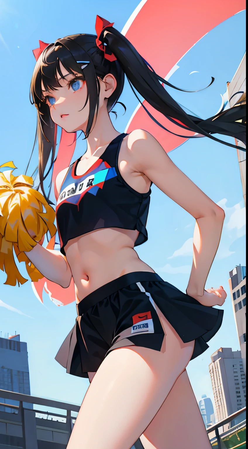 (short cute girl,small young student,young delicate girl),(masterpiece,Top quality),Crop Top Look,cheerleader,shorts,long black hair twin tails