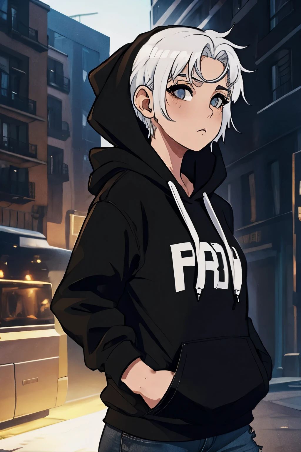 a woman, shaved white hair, black hoodie, brown eyes