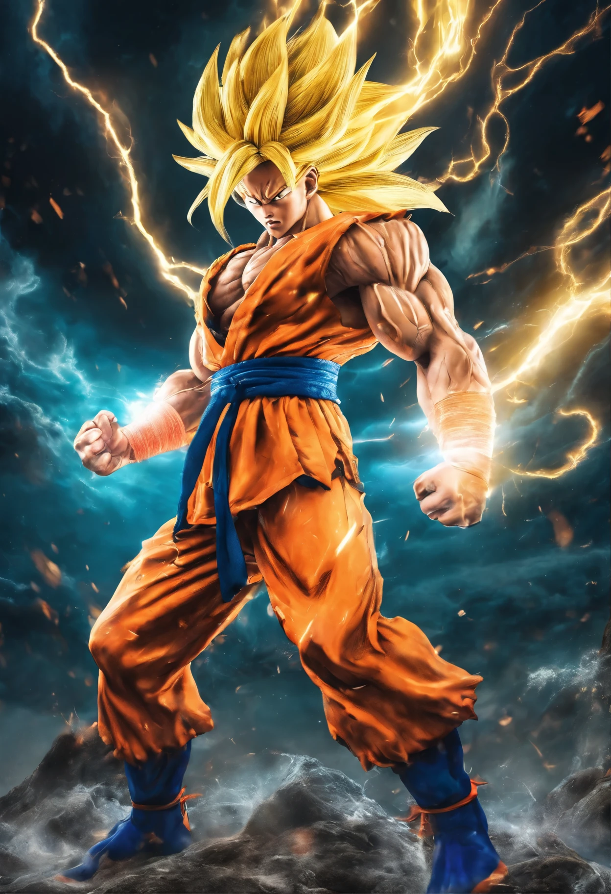 realistic 3d rendering of goku super saiyan fused aquaman, surrounded by lightning, big muscular, full body photography, hyperrealistic, 8k