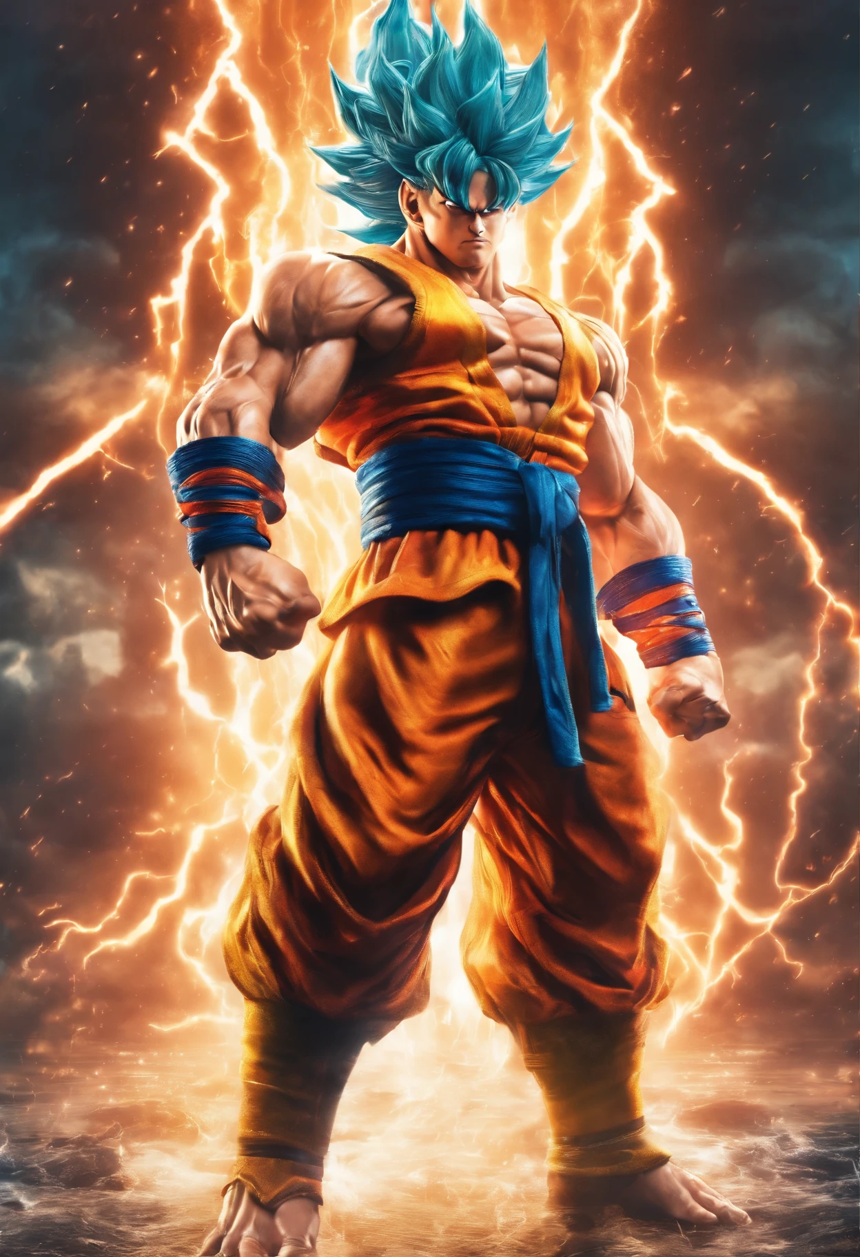 realistic 3d rendering of goku super saiyan fused aquaman, surrounded by lightning, big muscular, full body photography, hyperrealistic, 8k