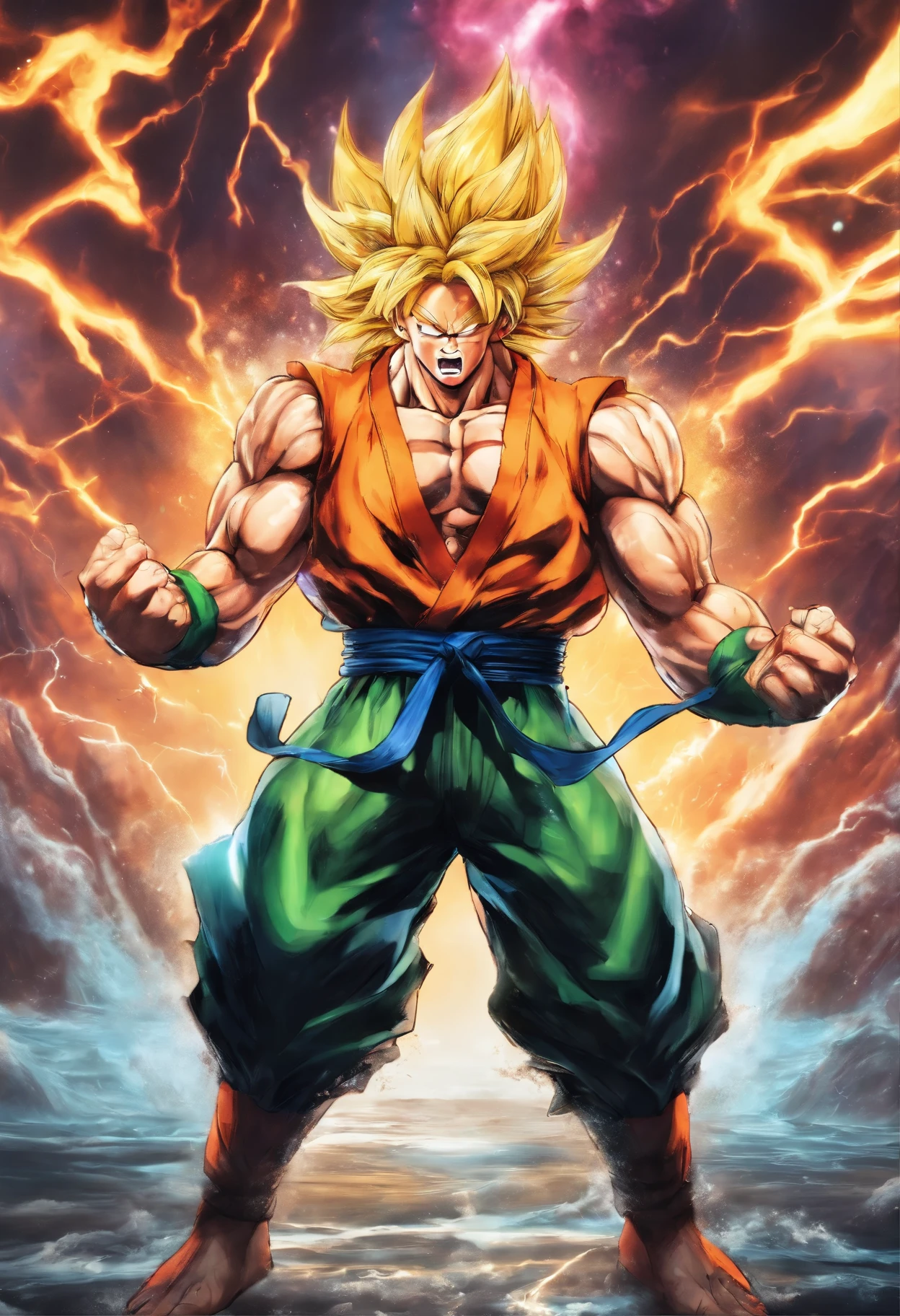 realistic 3d rendering of goku super saiyan fused aquaman, surrounded by lightning, big muscular, full body photography, hyperrealistic, 8k