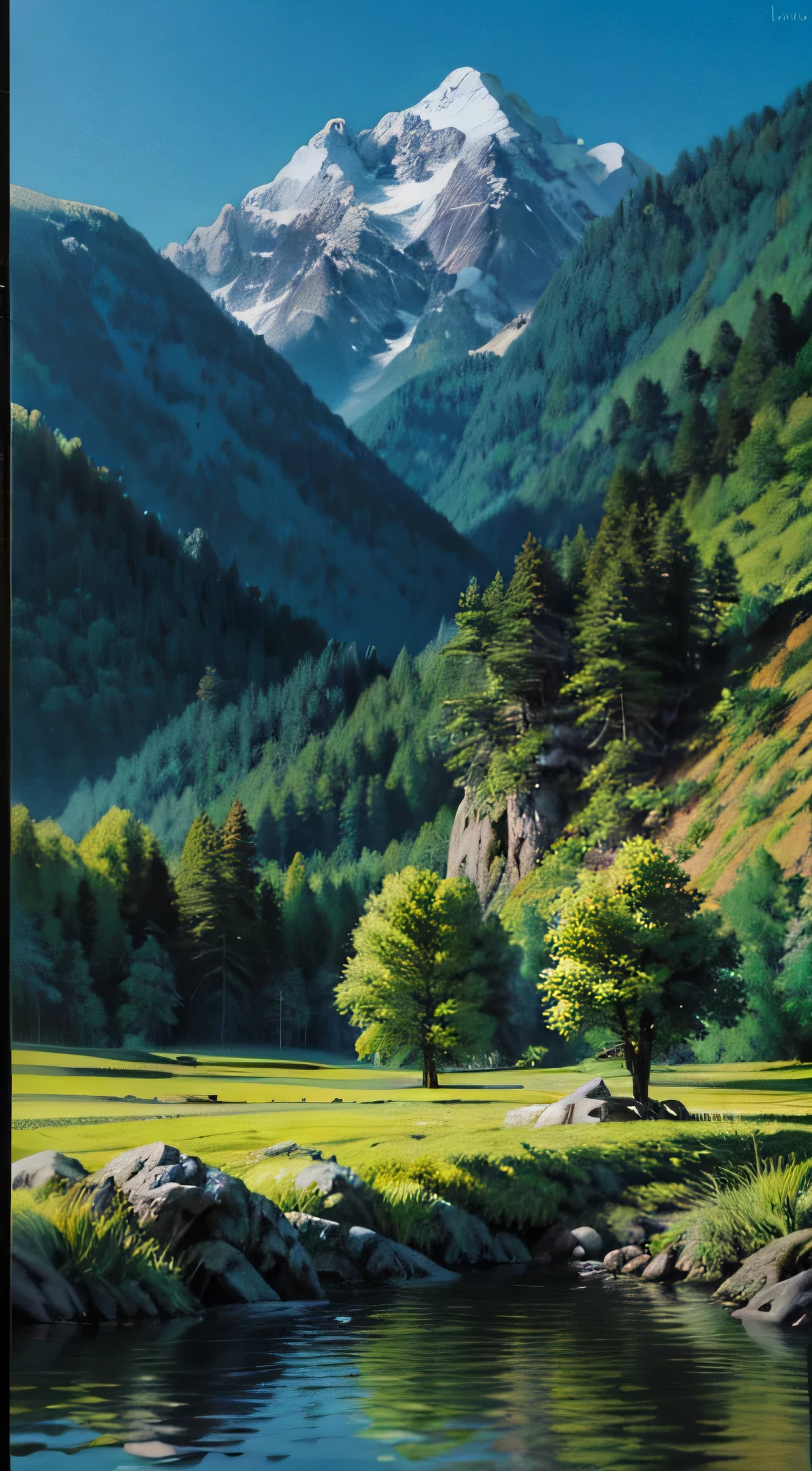 Paisaje de naturaleza que esta pintado a mano por un pintor que esta aprendiendo, no perfecto, aprendizaje, hecho por un novato.