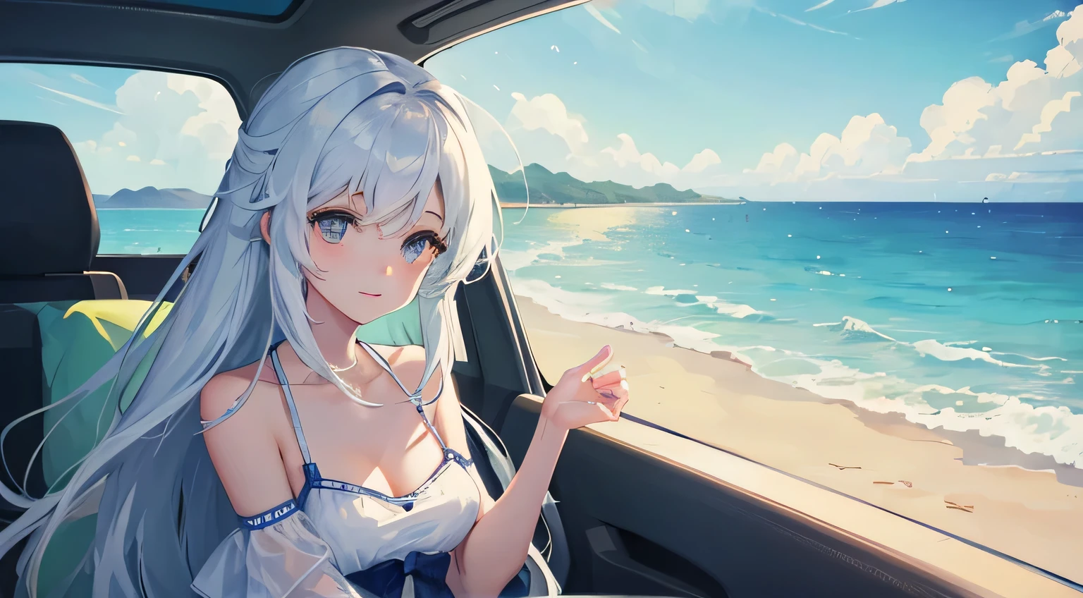 Gentle anime style girl driving by the seaside on a beautiful June day. She sits comfortably in a stylish convertible with the roof open, The sea breeze playfully sways her hair.. Her relaxed posture and the soft smile on her face、It conveys the joy of that moment.。. The deep blue sea spreads along the road.、The surrounding scenery is picturesque, White sandy beaches, And there&#39;s a clear sky above. This image is、Evoking the fun and tranquility of a summer drive along the coast。.