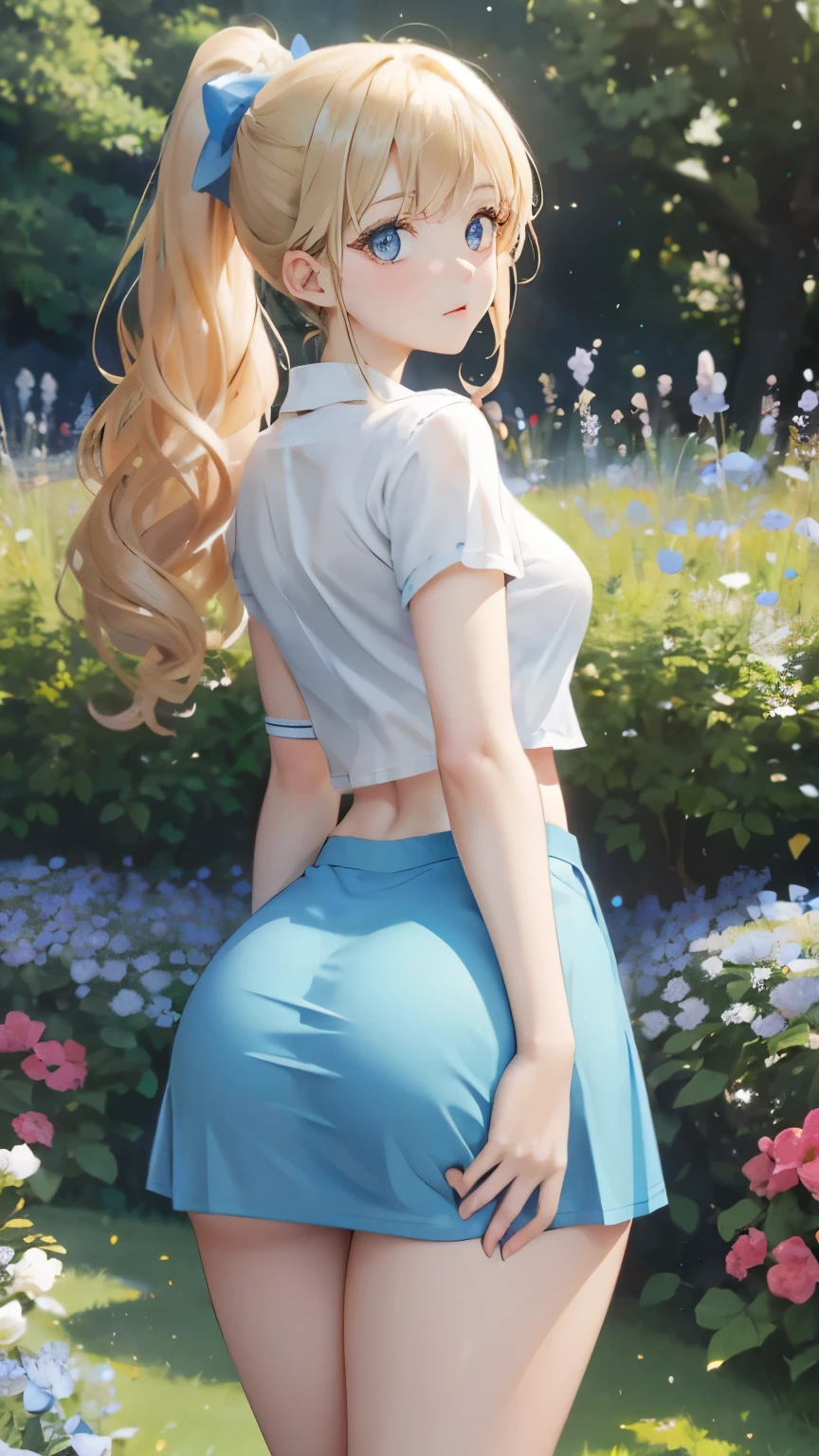 (masterpiece:1.2), (highest quality:1.2),, Curvy but slender body, perfect eyes, perfect face, perfect lighting, 1 girl, in the garden, (feet visible),(mini skirt),(cutter shirt),(view from directly behind),(I can see your butt),(ponytail),curly hair, Fine clothes, Detailed outdoor background, compensate, eye shadow, thick eyelashes, fantasy, looking at the viewer, whole body,alice in wonderland、blue sky、Bright and very beautiful face、young shiny glossy white shiny skin、the best beauty、The most beautiful bright blonde hair in the world、thin hair、long hair、Shining beautiful bangs、Glowing crystal clear big blue eyes、Very beautiful lovely most beautiful girl in the world、small breasts