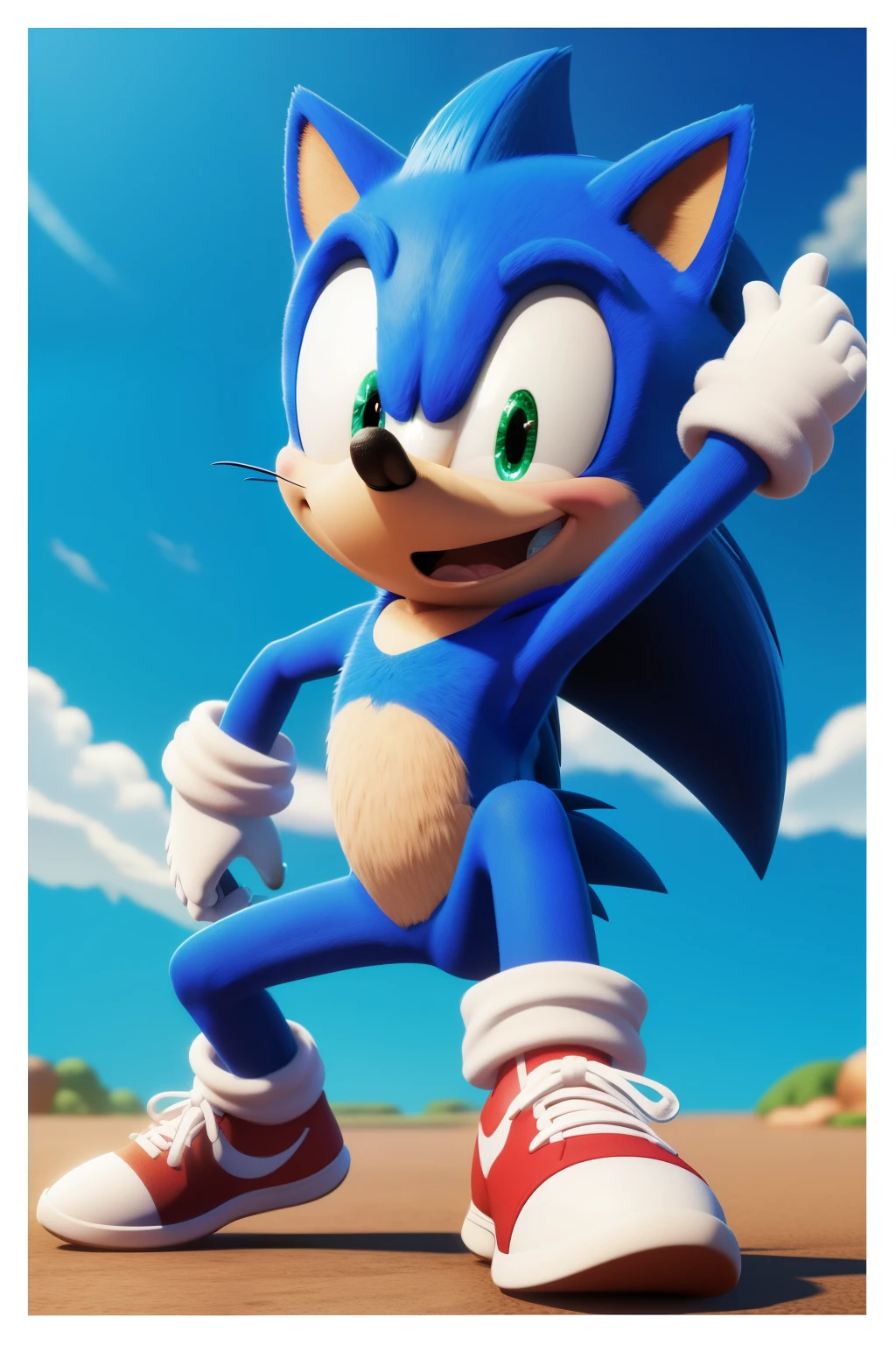 Sonic the Hedgehog, wearing a blue shirt, (Set against a white background), (Sporting a distinctive hedgehog barnet), (Named Tom), (In the Pixar style), (A 3D rendered image), (Animated and vibrant), (Detailed and textured rosy cheeks), asymmetrical, (High resolution: 16k)