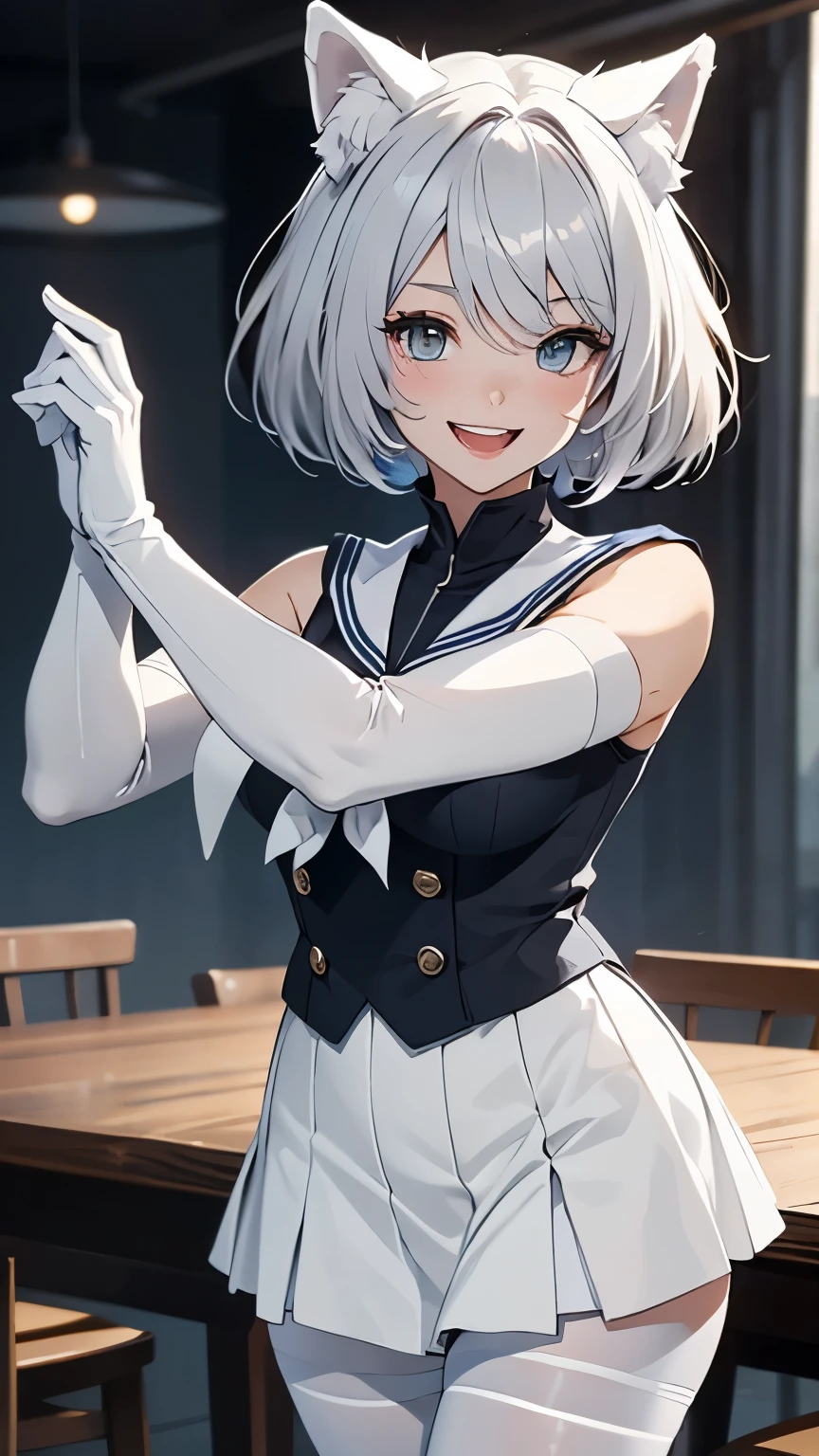 table top High level image quality best image quality 8K adult woman portrait pure white long gloves(elbow gloves) Pure white pantyhose sailor suit(sleeveless) mini skirt white wolf ears short hair((shortcut)(gray hair)(perm)(fluffy)) eye color is blue a seductive face((laughter)(smile)(open your mouth)) stretch out your arms show one's side