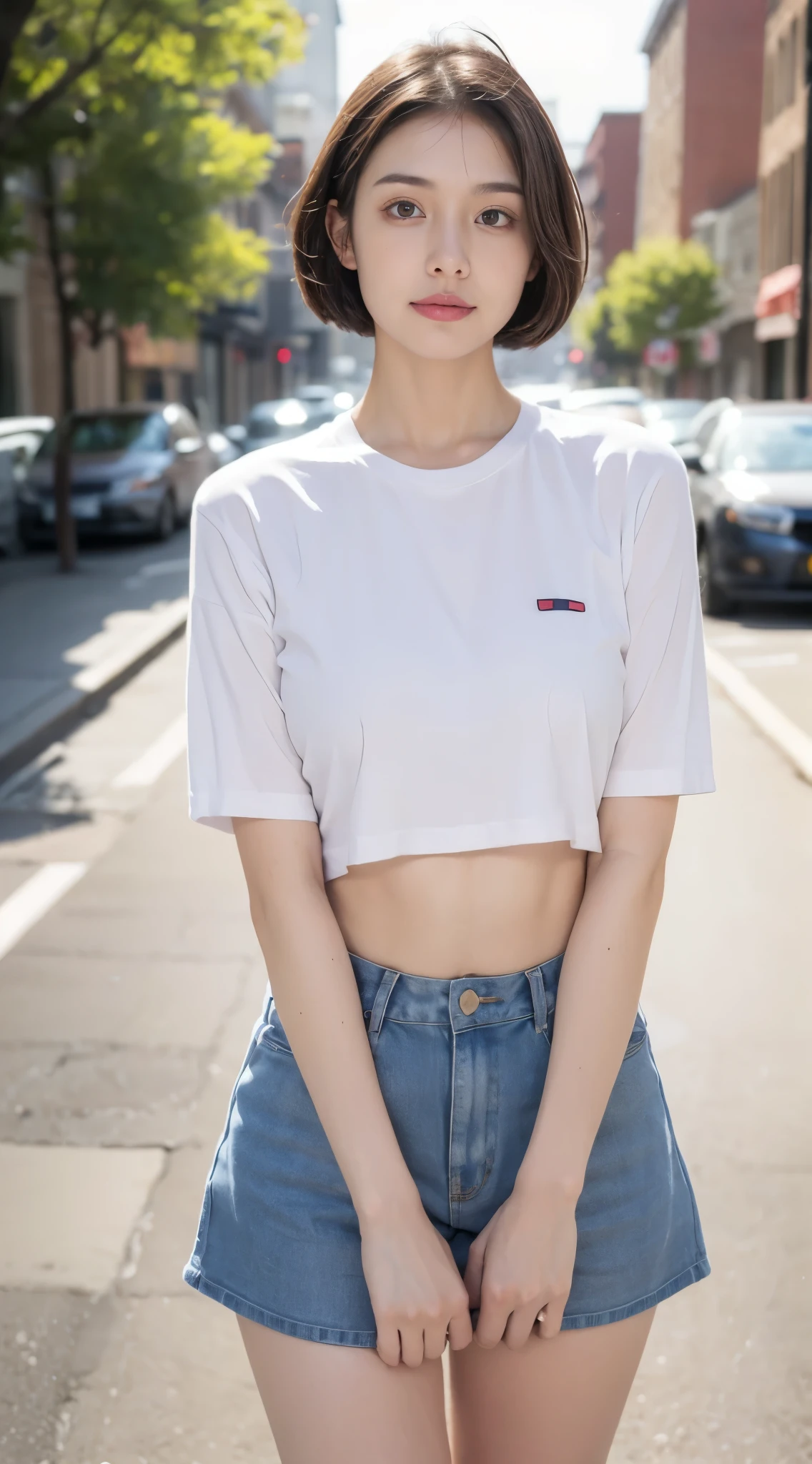 ((Best Quality, 4K, Masterpiece:1.3)), 1girl, Slim Abs Beauty:1.3, (long hairstyle, ), Upper shirt Lower skirt: 1.1, Superfine face, Detailed eyes, Double eyelids, Street view,