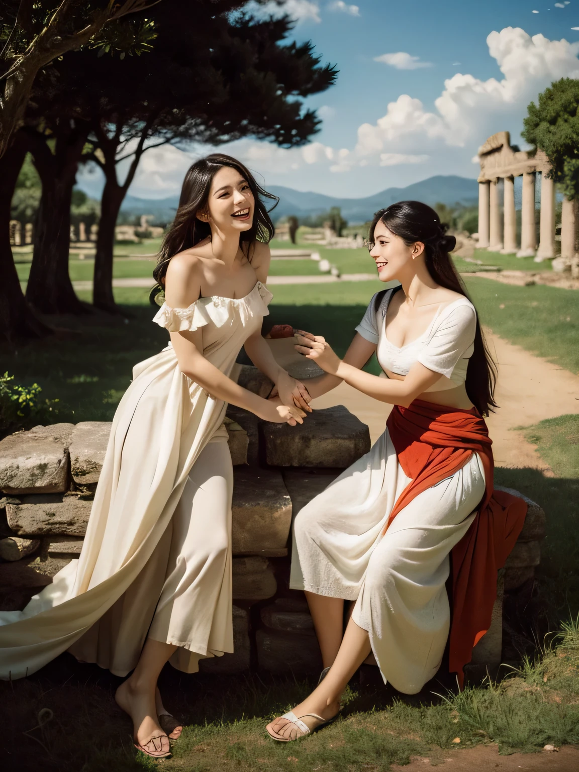 full body portrait ,ancient roman ruins,Poussin-style landscape,laughter,,Sweet and seductive appearance.、Caravaggio's paintings、Chiaroscuro of Caravaggio、hair tousled by the wind,Two women frolicking,cute smile, expression of ecstasy,Sexy,erotic