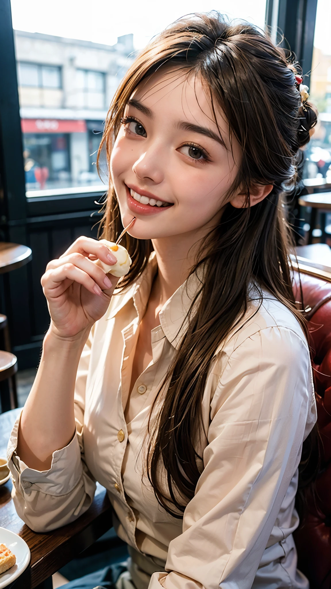 highest quality, masterpiece, ultra high resolution, (realistic:1.4), (portrait facing each other) RAW photo, 1 girl, 22 years old,slender body,Medium chest,((winter school uniform)),((long hair chignon)),((Chatting while eating sweets at a cafe)),((looking up at the viewer)),(blush),saturation, contrast,((toothy smile)),