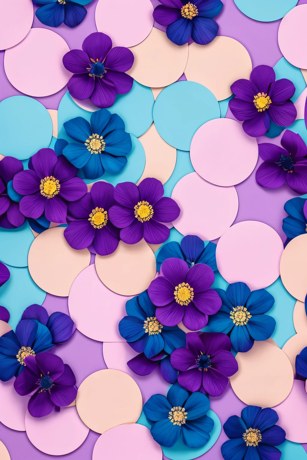 best quality, blue-purple-pink flowers in the circular golden plated grid in the center, background pastel color