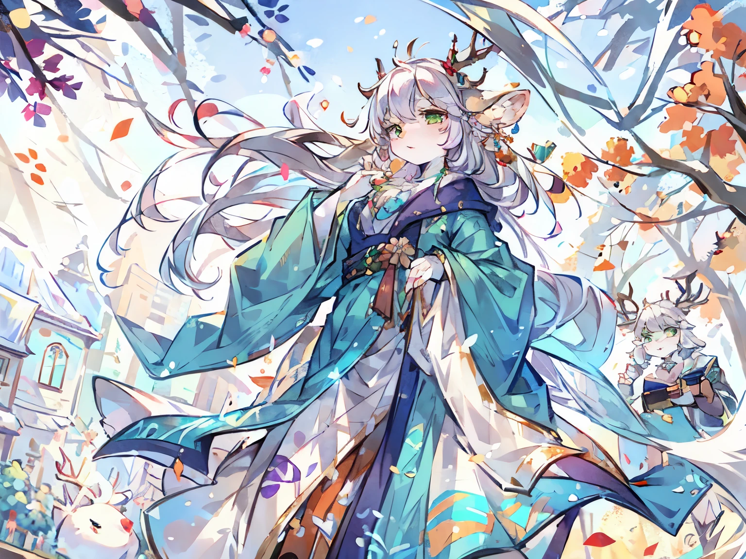 a white deer,Green eyes,antlers,Green robe,Orange trees,Tree full of oranges,plum tree,Book in hand,white hair