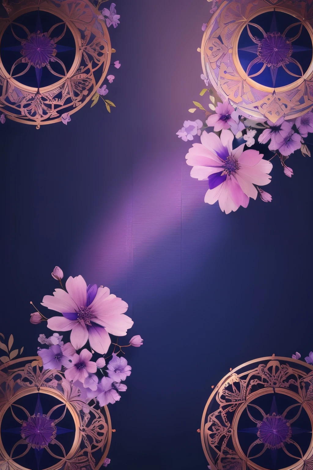 best quality, blue-purple-pink flowers in the circular golden plated grid in the center, background pastel color