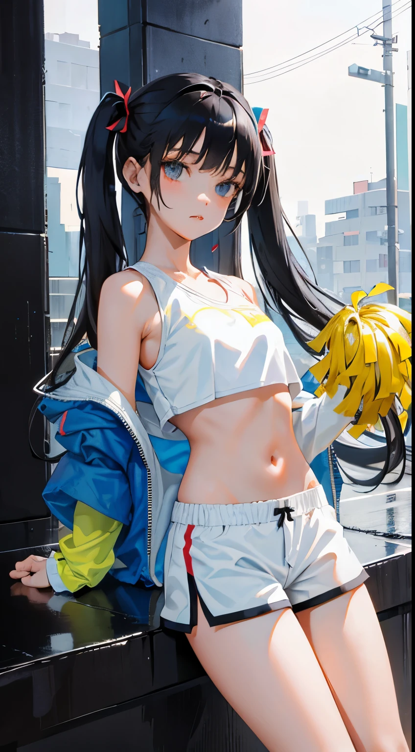 (short cute girl,small young student,young delicate girl),(masterpiece,Top quality),Crop Top Look,cheerleader,shorts,long black hair twin tails