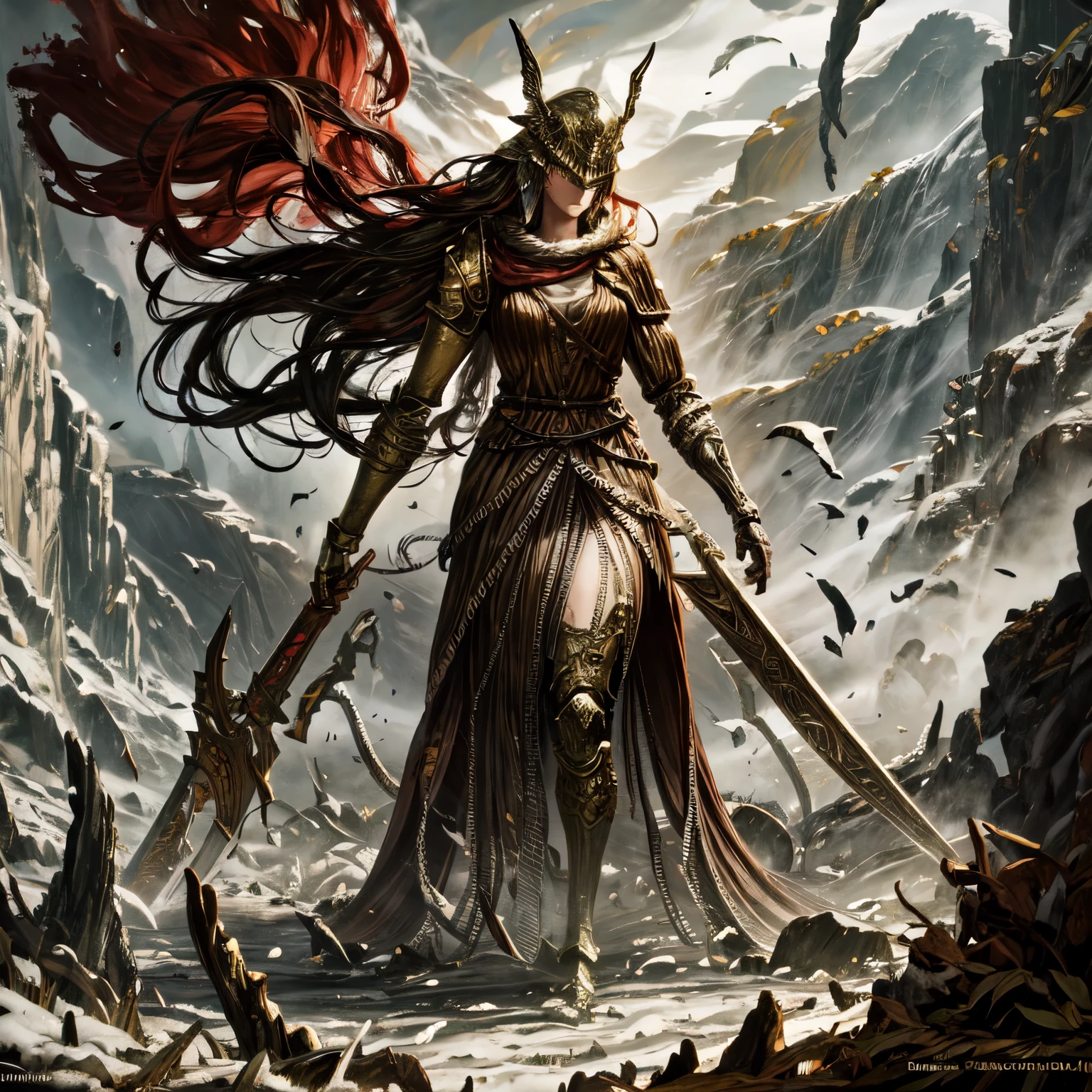 woman, tribal skeleton, Skyrim, black hair, armor, metal, fantasy, warrior, powerful, dark, fierce, battle-ready, warrior queen, mythical creatures, enchanted forest, mystical, epic landscapes, ancient ruins, magical artifacts, enchanted weapons, glowing runes, ethereal, otherworldly, dark magic, menacing, mythical beasts, intense, atmospheric, dramatic lighting, surreal, high resolution, detailed, intricate, realistic, mythical charm, intense emotions, intense expressions, captivating, immersive, breathtaking, cinematic, painterly, dynamic, vibrant colors
