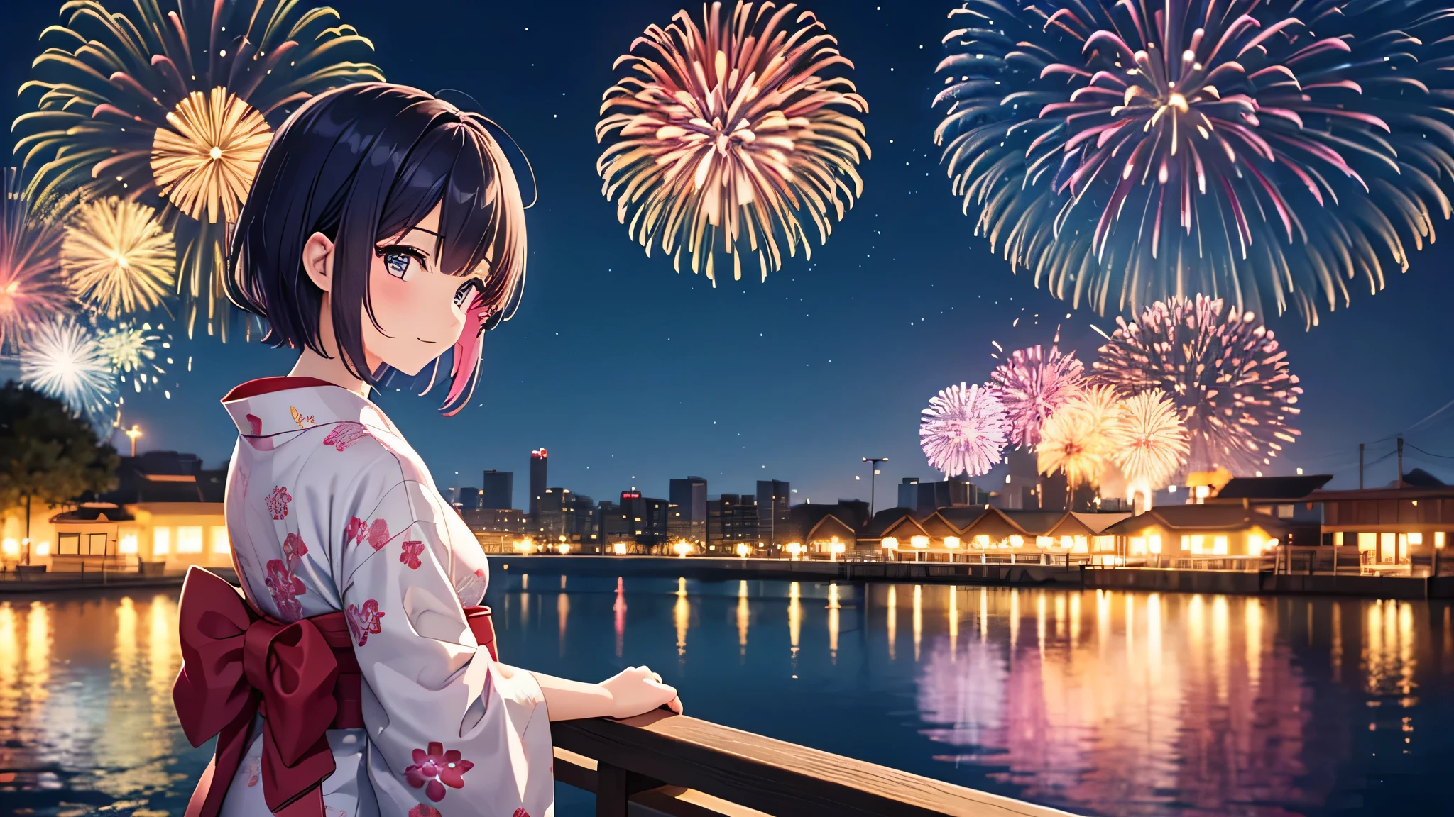 Wearing a traditional yukata with a bright floral pattern、A meditative anime-style girl stands looking at fireworks。. her hair is short and slightly disheveled, And she looks up at the sky filled with dazzling fireworks that light up the night with a million colors. Reflections of fireworks can be seen in nearby bodies of water, Enhance the magical atmosphere. This scene depicts a festive summer night with a fireworks display., Along with characters immersed in the beauty and excitement of the event..