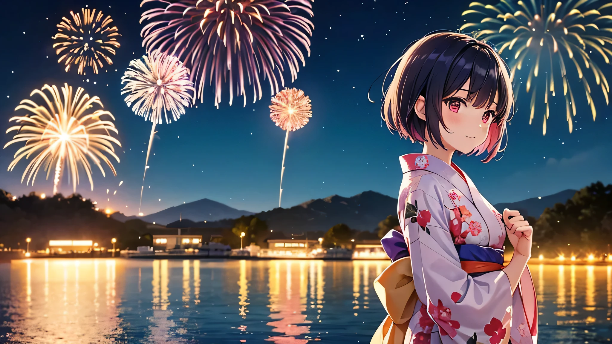 Wearing a traditional yukata with a bright floral pattern、A meditative anime-style girl stands looking at fireworks。. her hair is short and slightly disheveled, And she looks up at the sky filled with dazzling fireworks that light up the night with a million colors. Reflections of fireworks can be seen in nearby bodies of water, Enhance the magical atmosphere. This scene depicts a festive summer night with a fireworks display., Along with characters immersed in the beauty and excitement of the event..