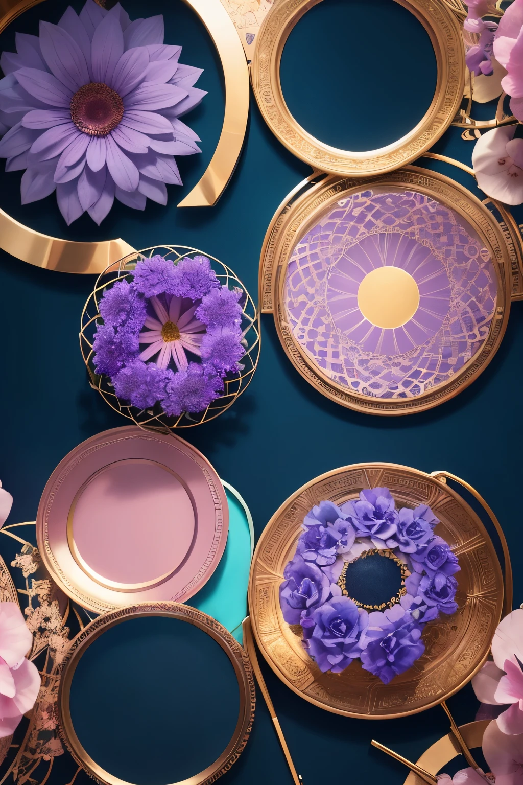 best quality, blue-purple-pink flowers in the circular golden plated grid in the center, background pastel color