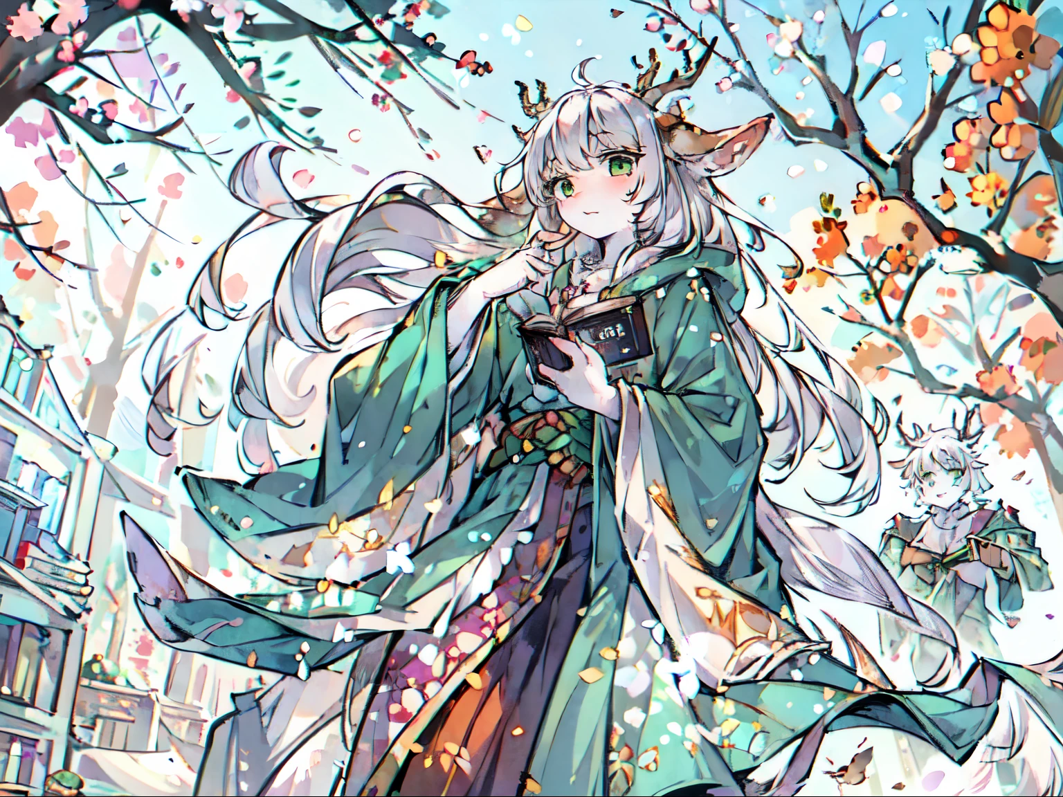 a white deer，Green eyes，antlers，Green robe，Orange trees，Tree full of oranges，plum tree，Book in hand，white hair