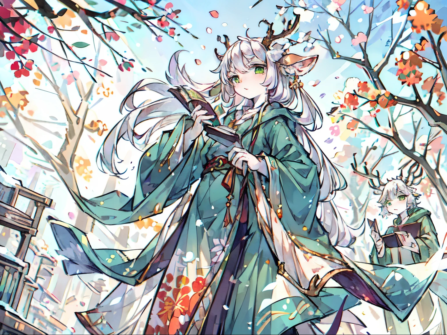a white deer,Green eyes,antlers,Green robe,Orange trees,Tree full of oranges,plum tree,Book in hand,white hair