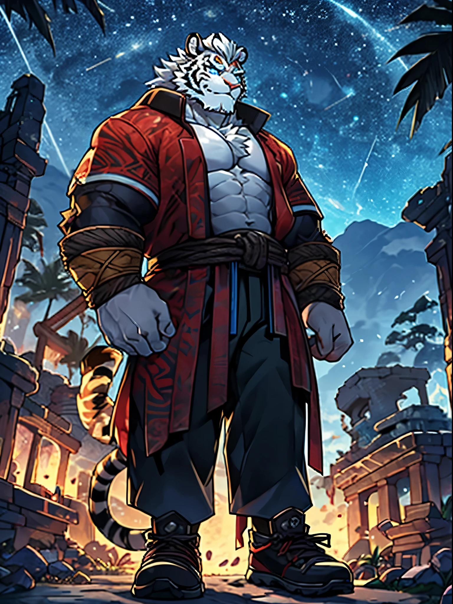 （Character focus:white tiger tribe，white tiger tribe的雄性，clear eyes，arm，Well-defined palms，Wearing a black storm coat on the upper body，The lower body is wearing slacks，wear shoes，Have a slender figure，tall height，:weight:1.1），（male focus:Full body fur，has a long furry tail，Own，There is a pair of red horns on the head，There is a colored prism mark in the center of the forehead and eyebrows，white hair，blue eyes，white hair，white eyebrows，White Tiger Orc，Orc :weight，:1.2），（panoramic:External，night，on the empty ruins，standing，:weight:0.9)
