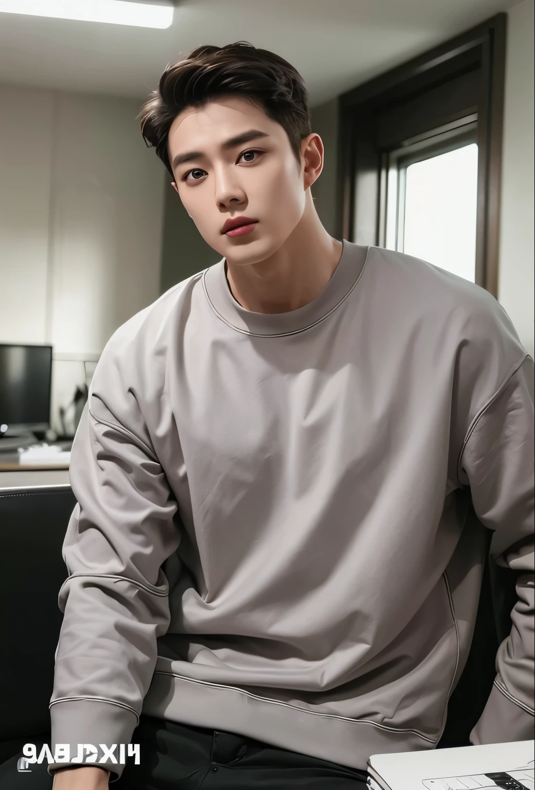 Homem sentado em uma cadeira com um laptop e um telefone celular, Jung Jaehyun, pintar ulzzang, Jinyoung Shin, Kim Doyoung, taejune kim, retrato no meio da cena, Hong junho hyung, homem sul-coreano, retrato de alta qualidade, Tommy 26 anos, hyung tae, cai xukun, adorable and pale korean face, vestindo moletom