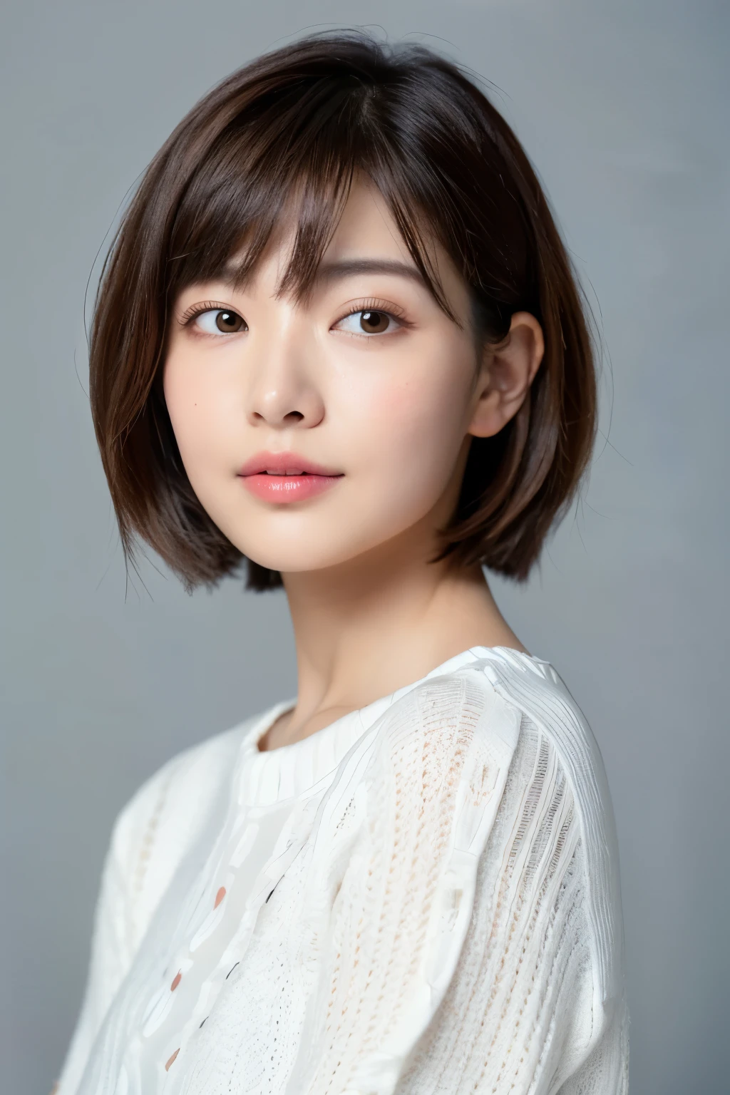 (short hair,highest quality、professional photos、1 beauty、30 years old、white knit、35mm lens、F1、cowboy shot、（white background：1.3）