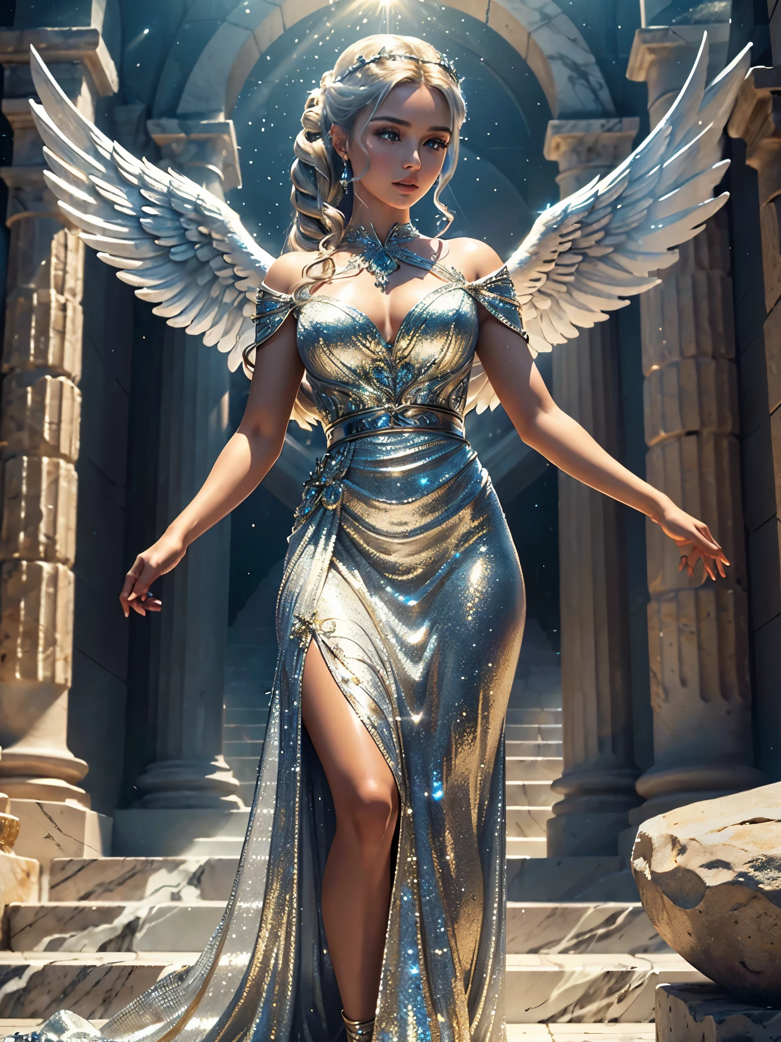 (masterpiece), (best quality), ((ultra-detailed)), (hyperrealistic), (highly detailed photo), cinematic lighting, photorealistic, extremely beautiful young lady as fiery angel hovering in the marble rocks, intricate detailed silver glittering ancient greek style dress, shining, gloss, crisp, flirty, epic, focus, artistic, very bright, intricate hairstyle