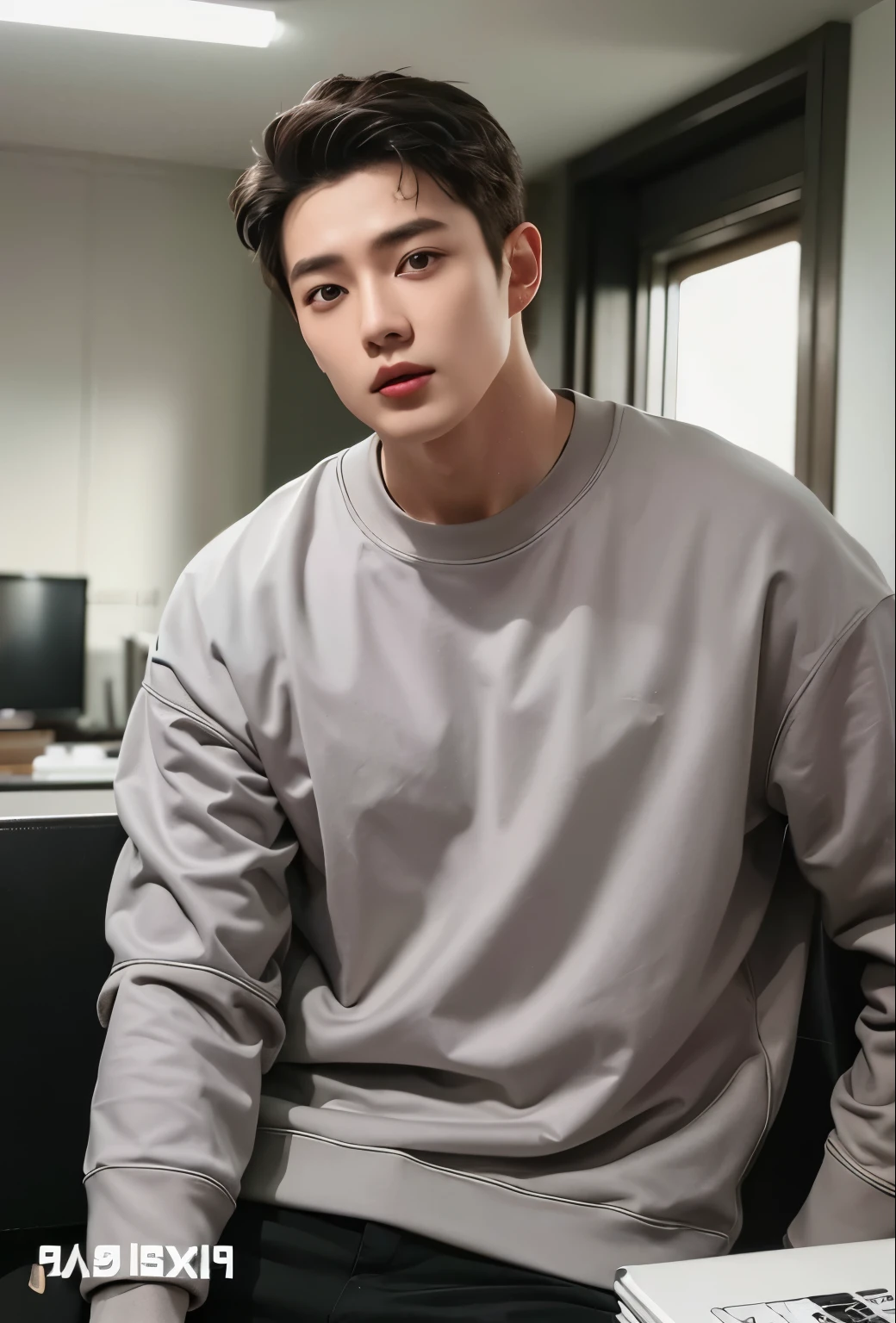 Homem sentado em uma cadeira com um laptop e um telefone celular, Jung Jaehyun, pintar ulzzang, Jinyoung Shin, Kim Doyoung, taejune kim, retrato no meio da cena, Hong junho hyung, homem sul-coreano, retrato de alta qualidade, Tommy 26 anos, hyung tae, cai xukun, adorable and pale korean face, vestindo moletom