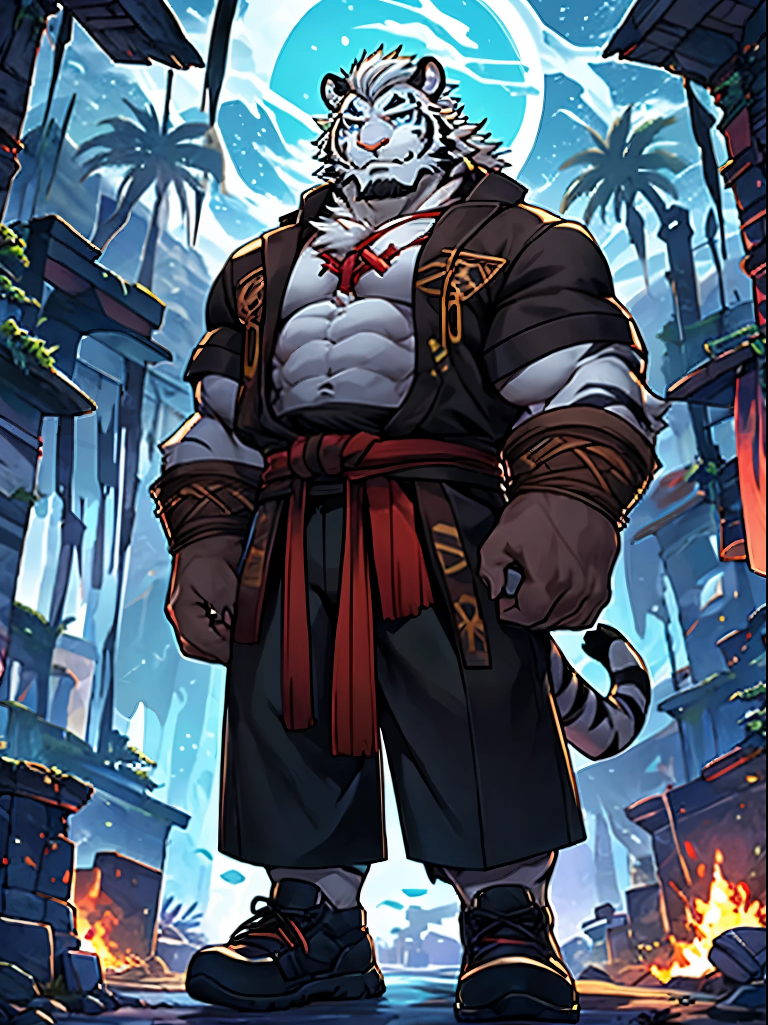 (Character focus:white tiger tribe,white tiger tribe的雄性,clear eyes,arm,Well-defined palms,Wearing a black storm coat on the upper body,The lower body is wearing slacks,wear shoes,Have a slender figure,tall height,:weight:1.1),(male focus:Full body fur,has a long furry tail,Own,There is a pair of red horns on the head,There is a colored prism mark in the center of the forehead and eyebrows,white hair,blue eyes,white hair,white eyebrows,White Tiger Orc,Orc :weight,:1.2),(panoramic:External,night,on the empty ruins,standing,:weight:0.9)