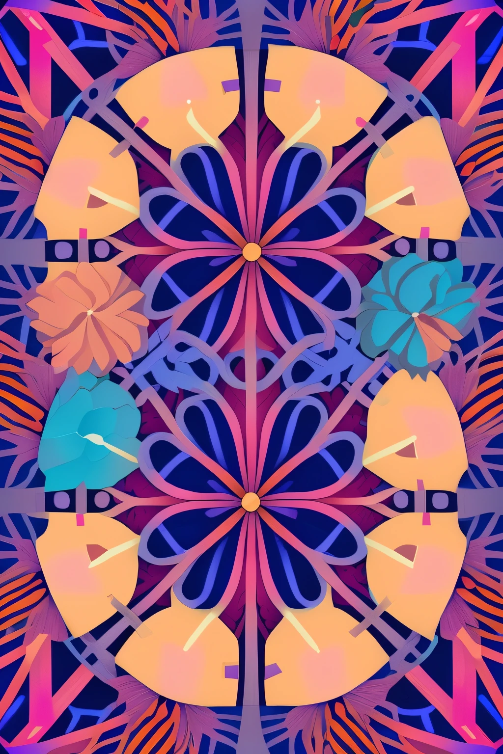 best quality, blue-purple-pink flowers in the circular golden plated grid in the center, background pastel color