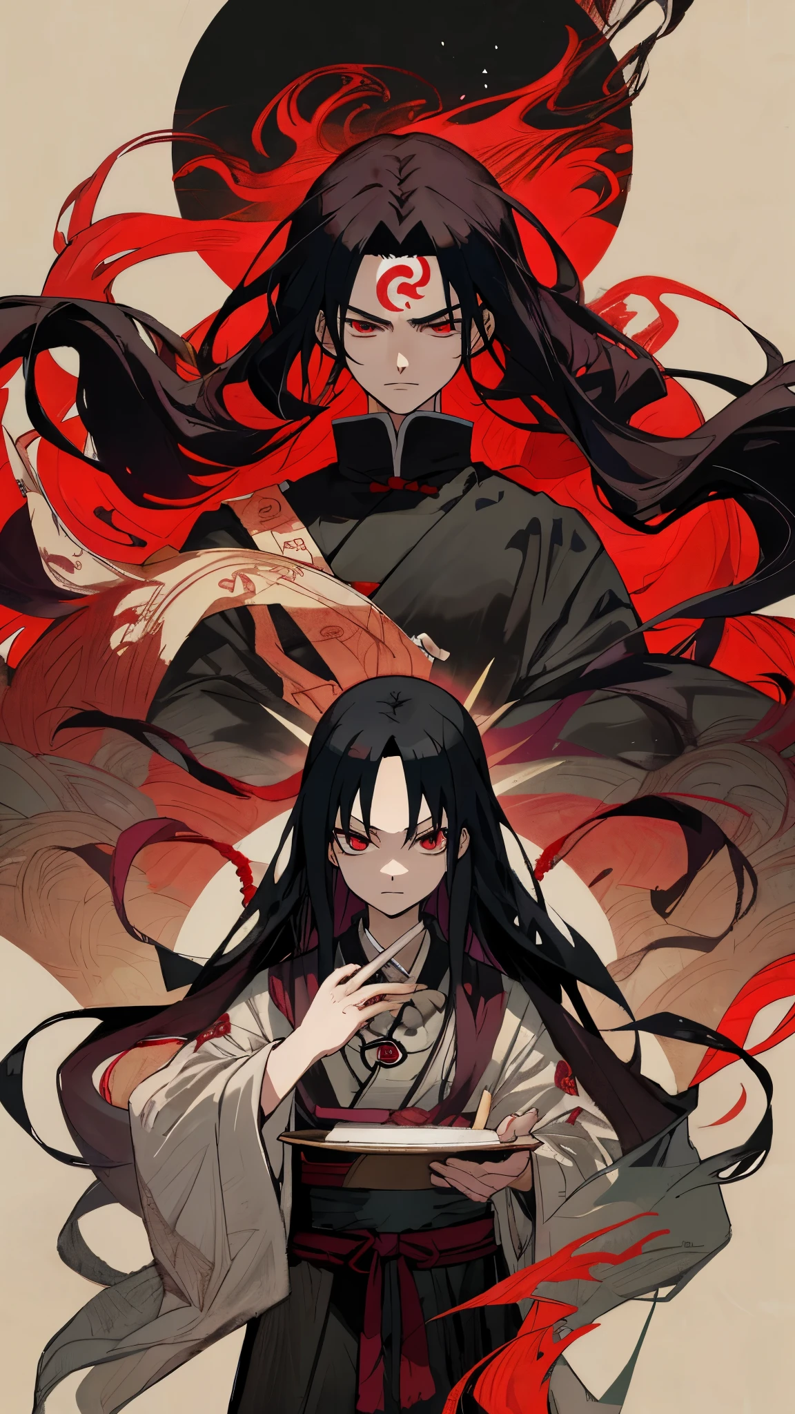 Anime character with long hair and a black robe with a cross on his forehead, radiating an aura of mystery and power. This stunning character portrait, created by the talented artist Yang J on pixiv, captures the essence of the character's enigmatic nature. The artwork is reminiscent of the shin hanga style, showcasing meticulous attention to detail and a harmonious blend of traditional and contemporary elements. The handsome guy in the artwork, reminiscent of the iconic Itachi Uchiha from Demon Slayer, possesses long flowing hair and piercing eyes that seem to hold a universe of secrets. This captivating artwork, sourced from Zerochan, showcases the character's complex personality, drawing viewers into his world with its hauntingly beautiful G Liulian art style. With a