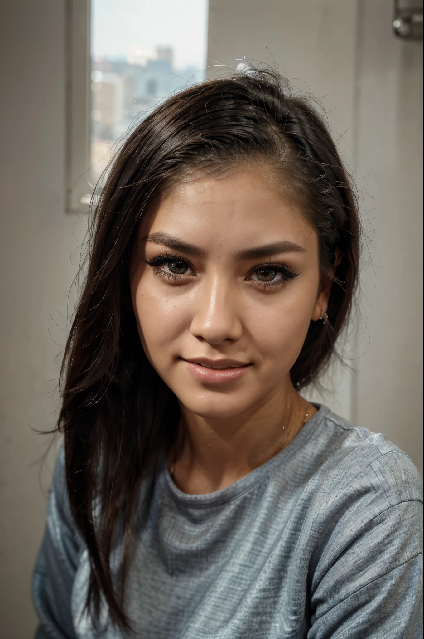 arafed woman completely, ultra realistic, meticulously detailed, detailed face, realistic eyes, realistic skin, dynamic pose, dynamic angle, black hair, long hair, hair combed to one side, half shaved haircut, shaved sides, undercut hairstyle, attractive girl, smile, happy, amber eyes, young woman taking a selfie, camera eyes, no makeup, natural makeup, staring directly at camera, subtle makeup, ((best quality)) perfect face, with clothes, sweatshirt, masterpiece, textured skin, super detail, high details, high quality, best quality, highres