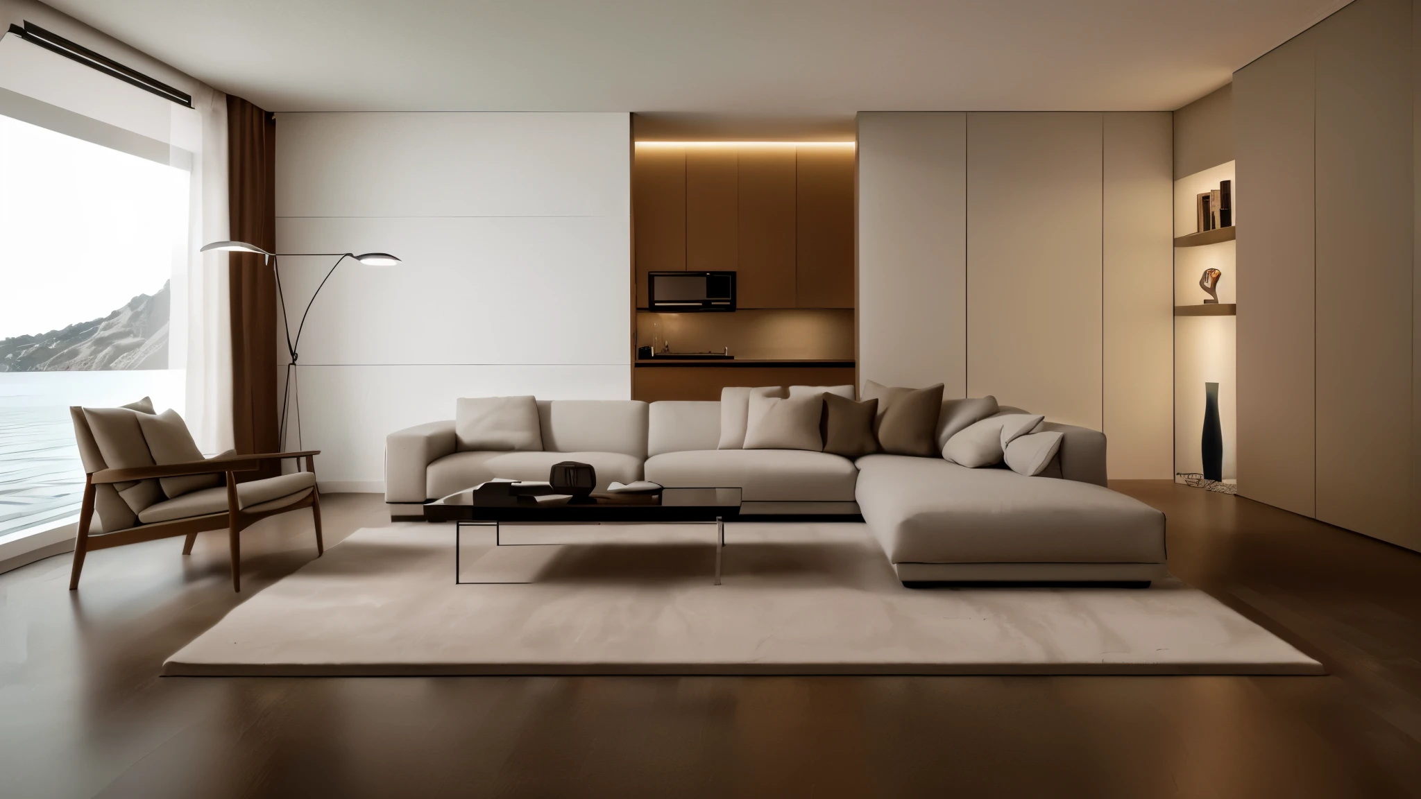 arafed living room with a couch, Chair, Coffee table and window, Award-winning rendering, high quality 3 D RENDERING, modern living room, high quality 3D RENDERING, highly photographic rendering, living room, stunning render, photographic rendering, cozy contemporary living room, D RENDERING, Modern minimalist design, interior living room, Professional rendering, elegant rendering, apartment design