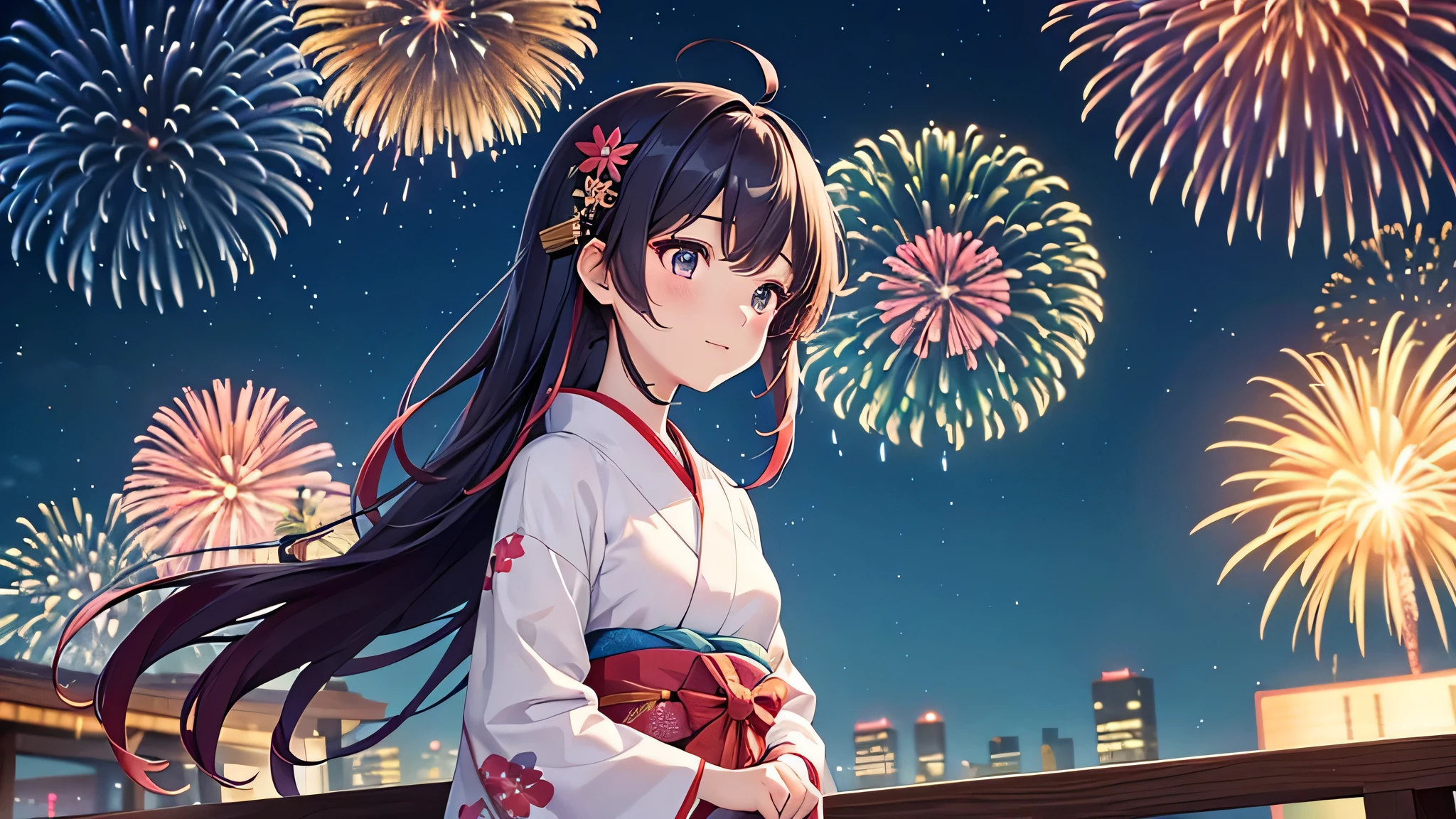 Wearing a traditional yukata with a bright floral pattern、A meditative anime-style girl stands looking at fireworks。. her hair is long and a little messy, And she looks up at the sky filled with dazzling fireworks that light up the night with a million colors. Reflections of fireworks can be seen in nearby bodies of water, Enhance the magical atmosphere. This scene depicts a festive summer night with a fireworks display., Along with characters immersed in the beauty and excitement of the event..