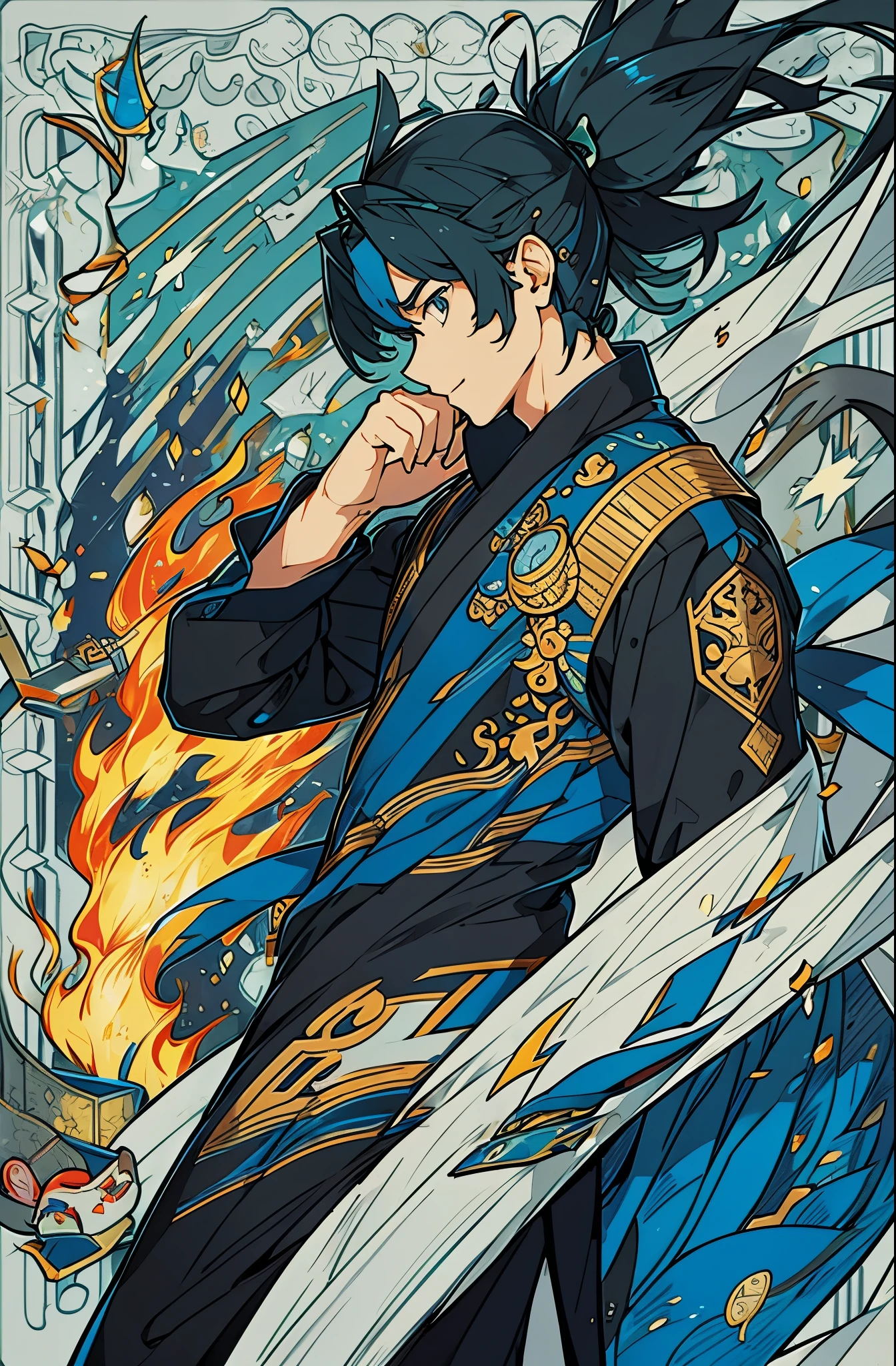 Ultra-detailed,high resolution,Ultra-detailed,Best quality,amazing,quality,intricate details,Extremely detailed CG unified 8k wallpaper,Exquisite details, clear face, Fix accurately,tarot cards,(An 18-year-old man wearing a white Chinese suit),There's a fire burning behind,Upper body close-up,long black hair,(Flying fish set 1.2)