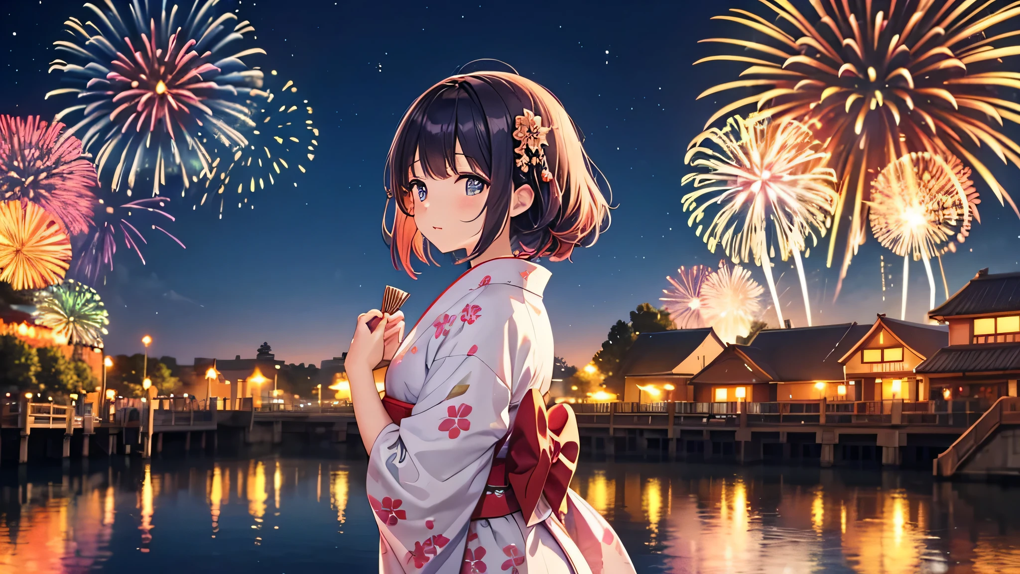 Wearing a traditional yukata with a bright floral pattern、A meditative anime-style girl stands looking at fireworks。. her hair is long and a little messy, And she looks up at the sky filled with dazzling fireworks that light up the night with a million colors. Reflections of fireworks can be seen in nearby bodies of water, Enhance the magical atmosphere. This scene depicts a festive summer night with a fireworks display., Along with characters immersed in the beauty and excitement of the event..