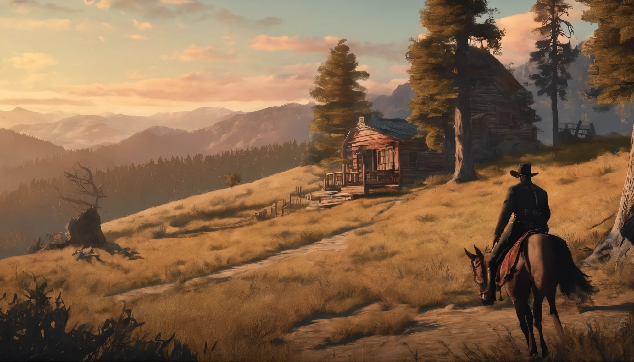 《Red Dead Redemption 2》Full body picture of a dangerous illegal gunman, Wearing a black fur coat,suit vest,clean shaven,without a beard,Detailed portrait, Vintage illustration, High-res, Realistic colors, intricate drawing, Vibrant colors, Dramatic lighting, Full body shot, There are only clean calves on the face, The whole body from the feet to the top. Eastern United States 1899 forest hut background, There are grasses and many trees,Cigarette card color,Cigarette card,Old paper texture