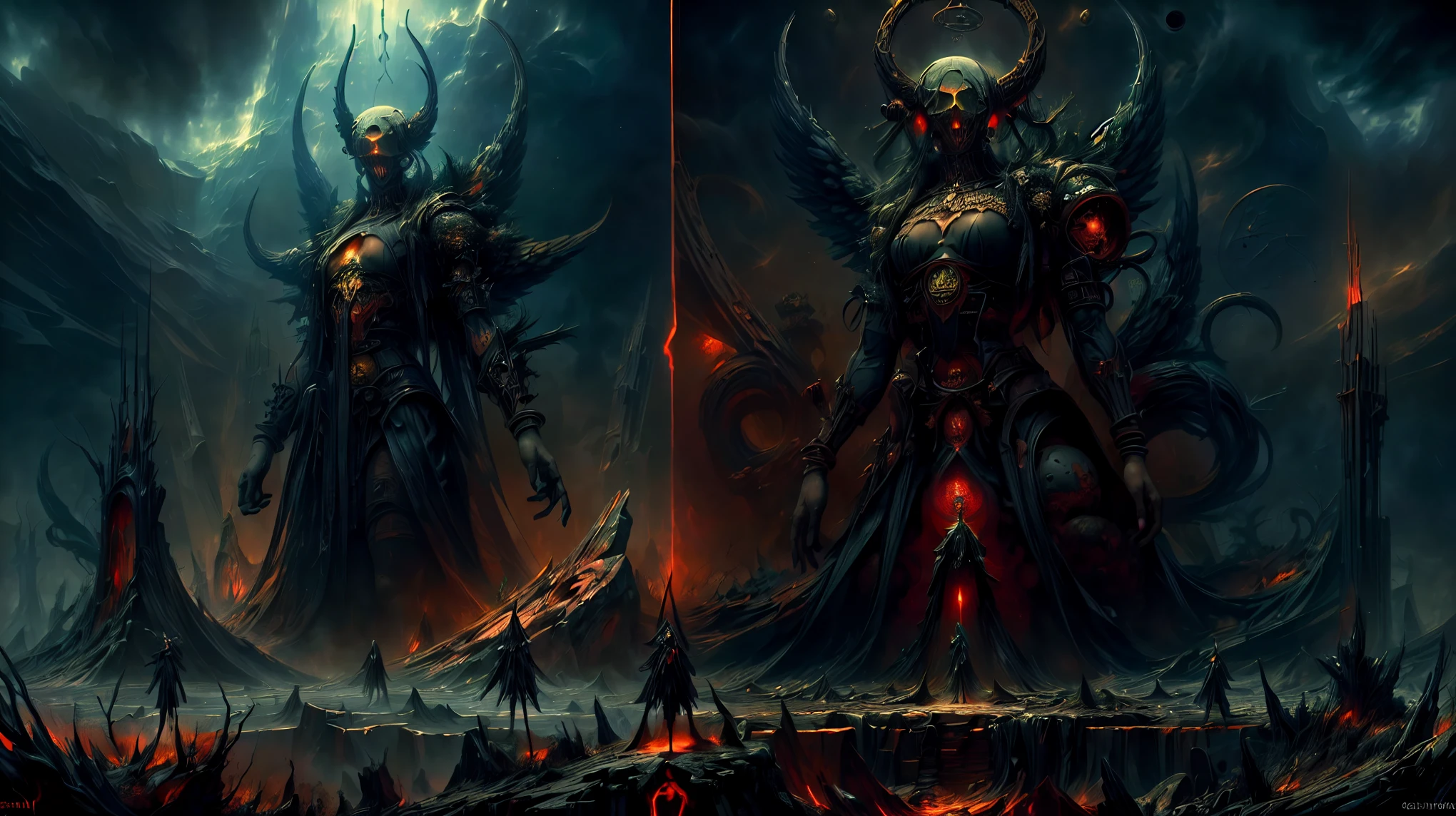 (nine dark entities:1.25), nine dark fallen gods floating in the cosmic void looking down beneath them onto a flat earth, extreme detailed, (fractal art:1.3), dark colors, dark tones, dark atmosphere, highest detail, fallen angels, fallen world, decay and destruction everywhere, (masterpiece, top quality, best quality, official art, dark, desolate, dystopian:1.2),