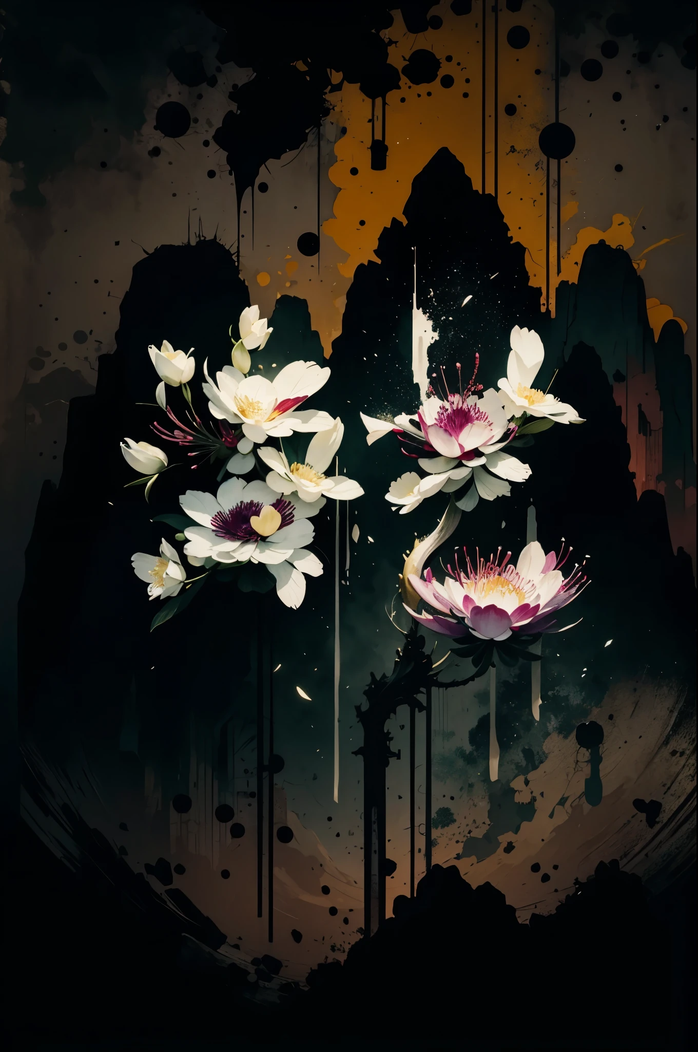 (number art,Ink and wash:1.2),nobody, Mountains, trees, rivers,flowers,lotus flower, (Oriental elements, Chinese colors, senior color matching), (3d sculpture,rendering by octane,volumettic light,Natural soft light,), (super delicate:1.2, lose focus:1.2, extremely colorful, Cinematic Lighting, Chiaroscuro,Ray Tracing), Masterpiece, super rich,super detailed,8k, zulishisong_style_great_wall