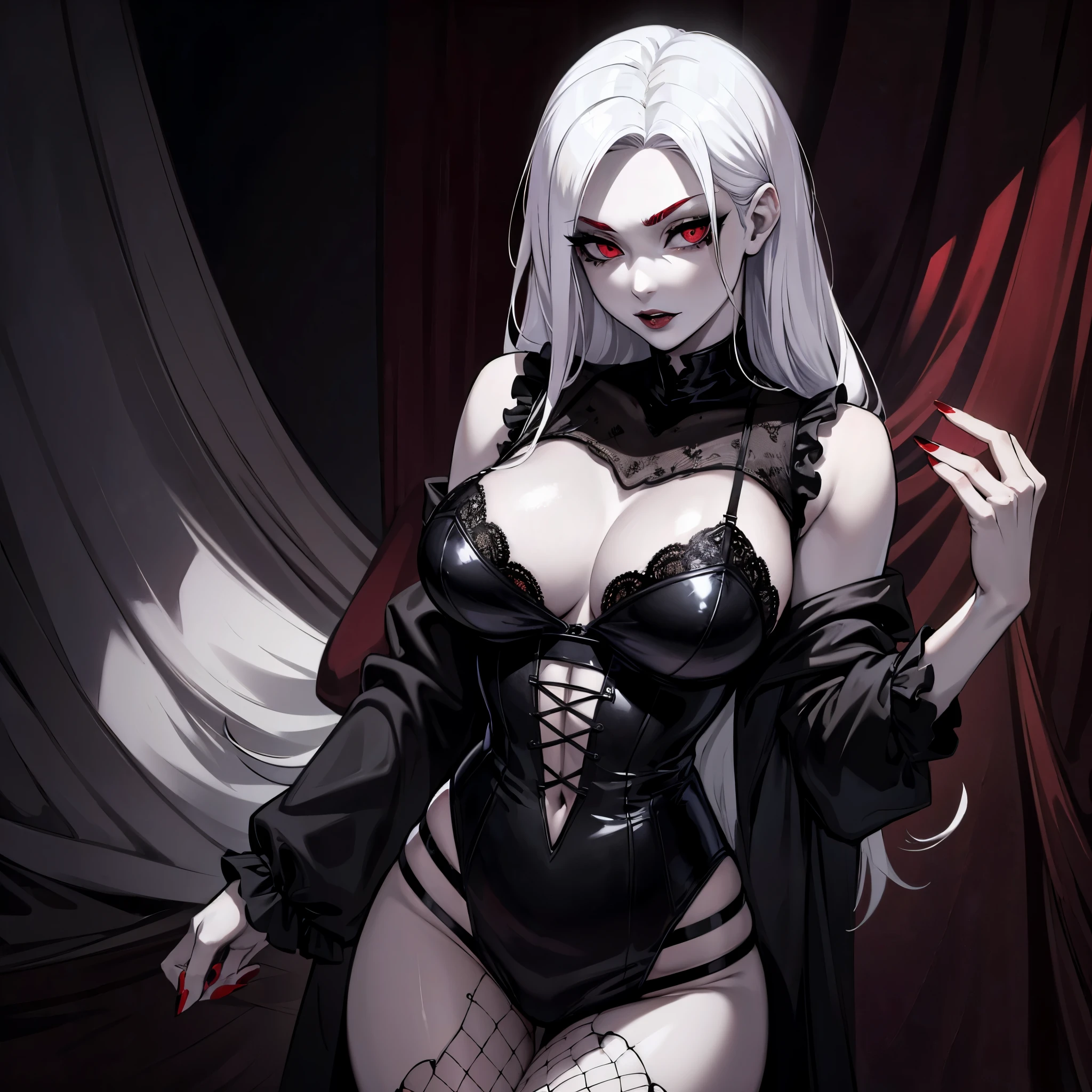 Female vampire, has white/silver hair, has red eyes, masterpiece, perfect eyes, pale skin, wearing black lacy bra and black panties, portrait, black fishnet stockings, Gothic vampire aesthetic, calm expression, sexy pose, solo, alone, (SOLO)(ALONE)