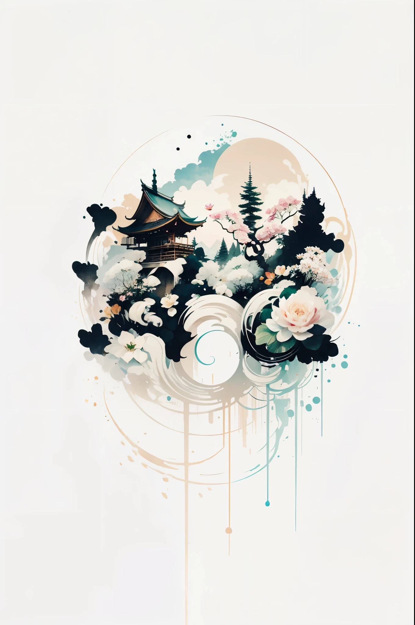(number art,Ink and wash:1.2),nobody, Mountains, trees, rivers,flowers,lotus flower, (Oriental elements, Chinese colors, senior color matching), (3d sculpture,rendering by octane,volumettic light,Natural soft light,), (super delicate:1.2, lose focus:1.2, extremely colorful, Cinematic Lighting, Chiaroscuro,Ray Tracing), Masterpiece, super rich,super detailed,8k, zulishisong_style_great_wall
