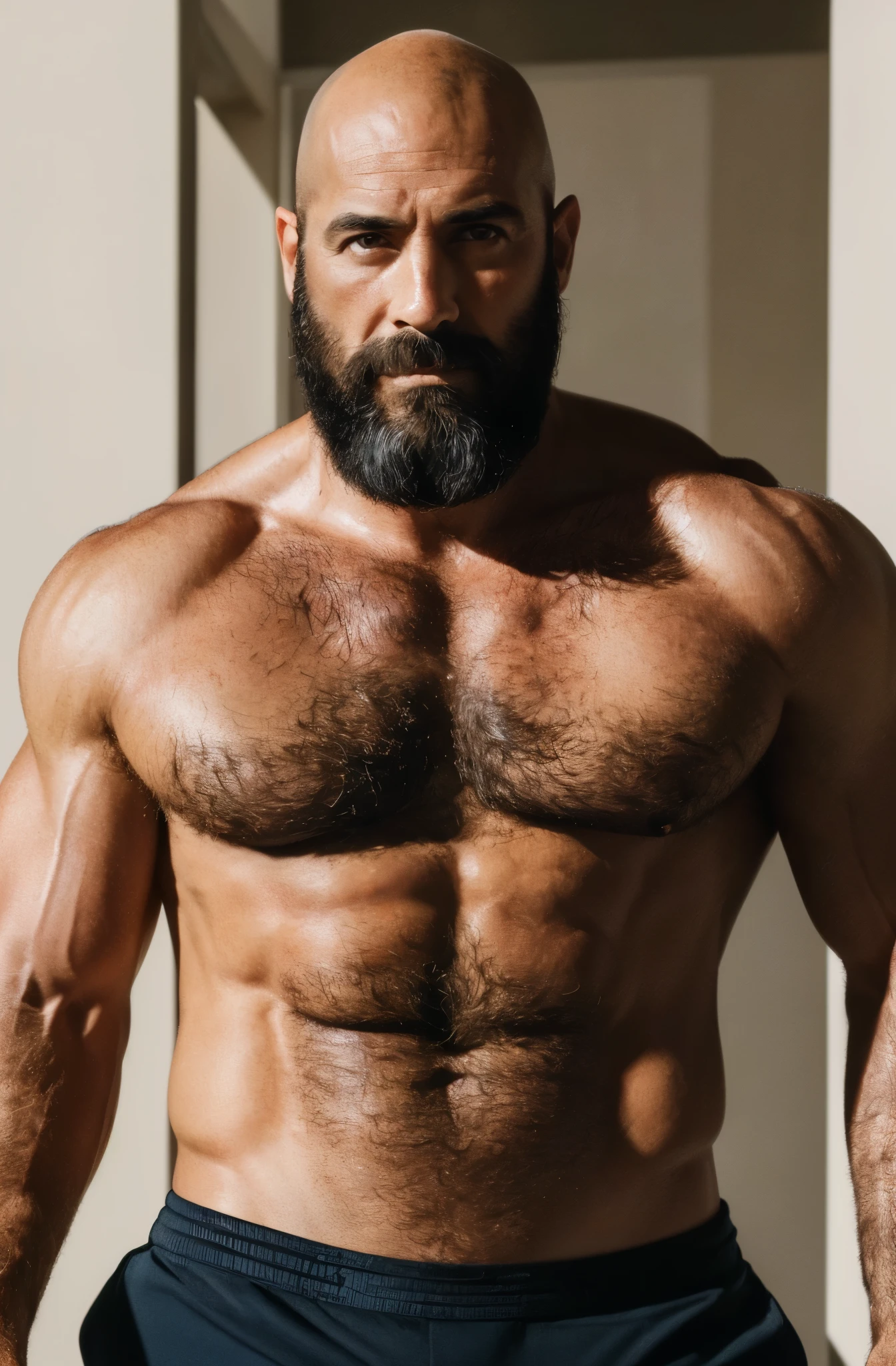 (best quality, highres, ultra-detailed, realistic:1.37), Hiperrealism, hiperdetailed, natural colors, soft light, portrait, 40 years old man, muscled, tall, hairy body, hairy chest, virility, actor, gay porn, very sexual, handsome, bald, black beard, suit.
