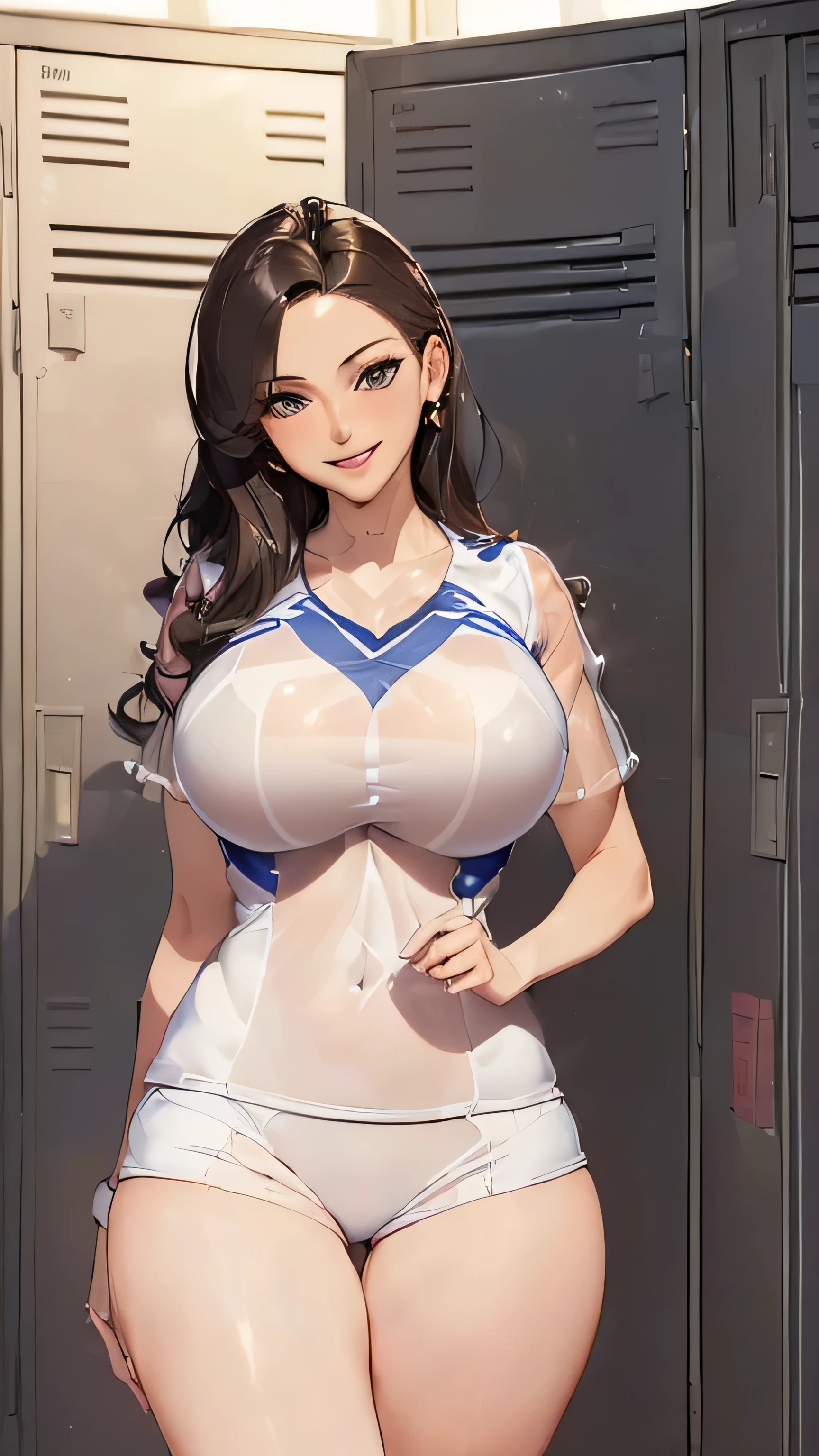 (highest quality, masterpiece:1.5), (sexy mature european woman, She smiles:1.5) ,(huge bust、 thin thighs:1.8), (White Volleyball Uniform, Clothes are sheer, locker room、I can see the bra:1.5),black hair