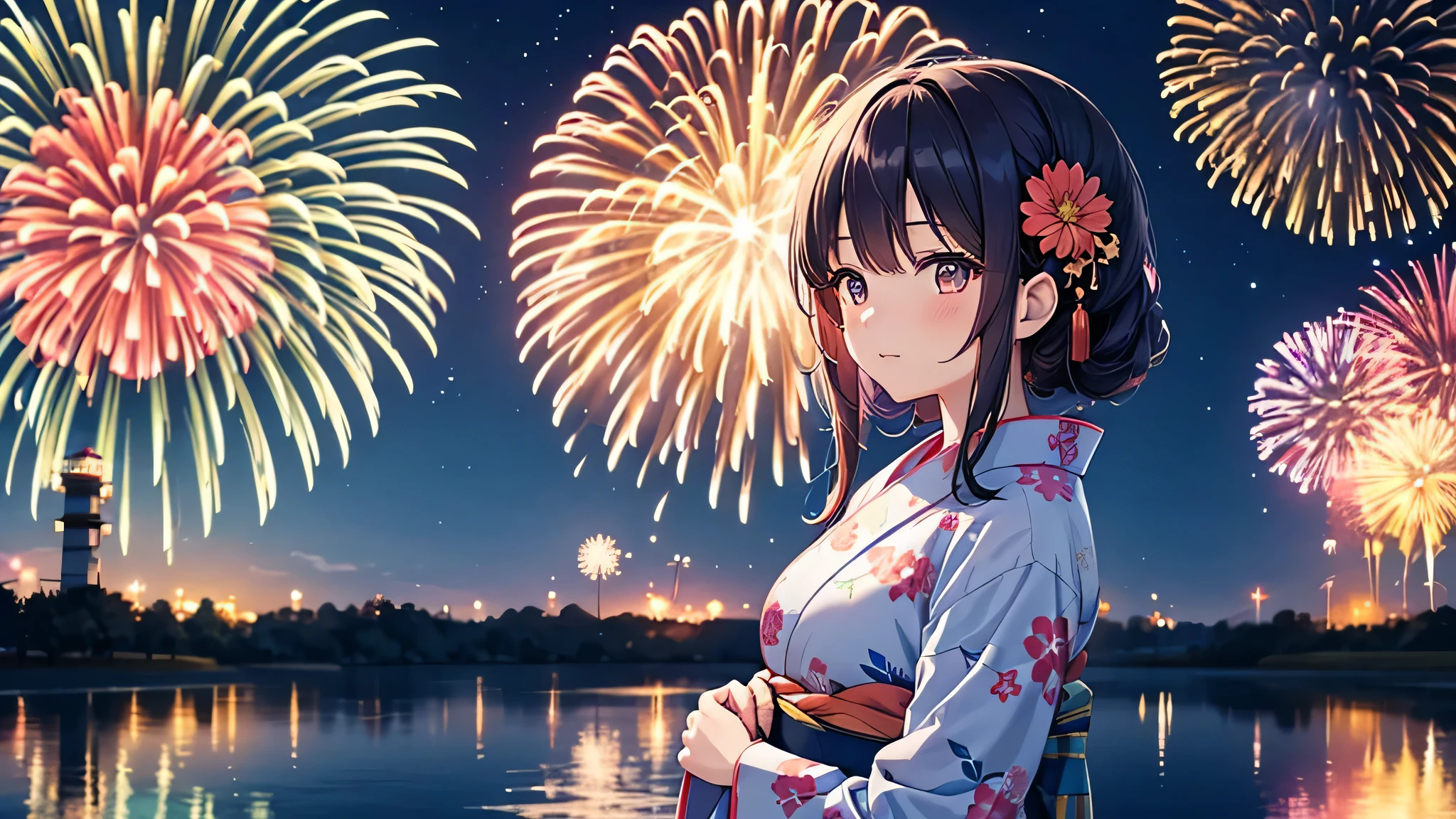 Wearing a traditional blue yukata with a bright floral pattern、A meditative anime-style girl stands looking at fireworks。. her hair is long and a little messy, And she looks up at the sky filled with dazzling fireworks that light up the night with a million colors. Reflections of fireworks can be seen in nearby bodies of water, Enhance the magical atmosphere. This scene depicts a festive summer night with a fireworks display., Along with characters immersed in the beauty and excitement of the event..